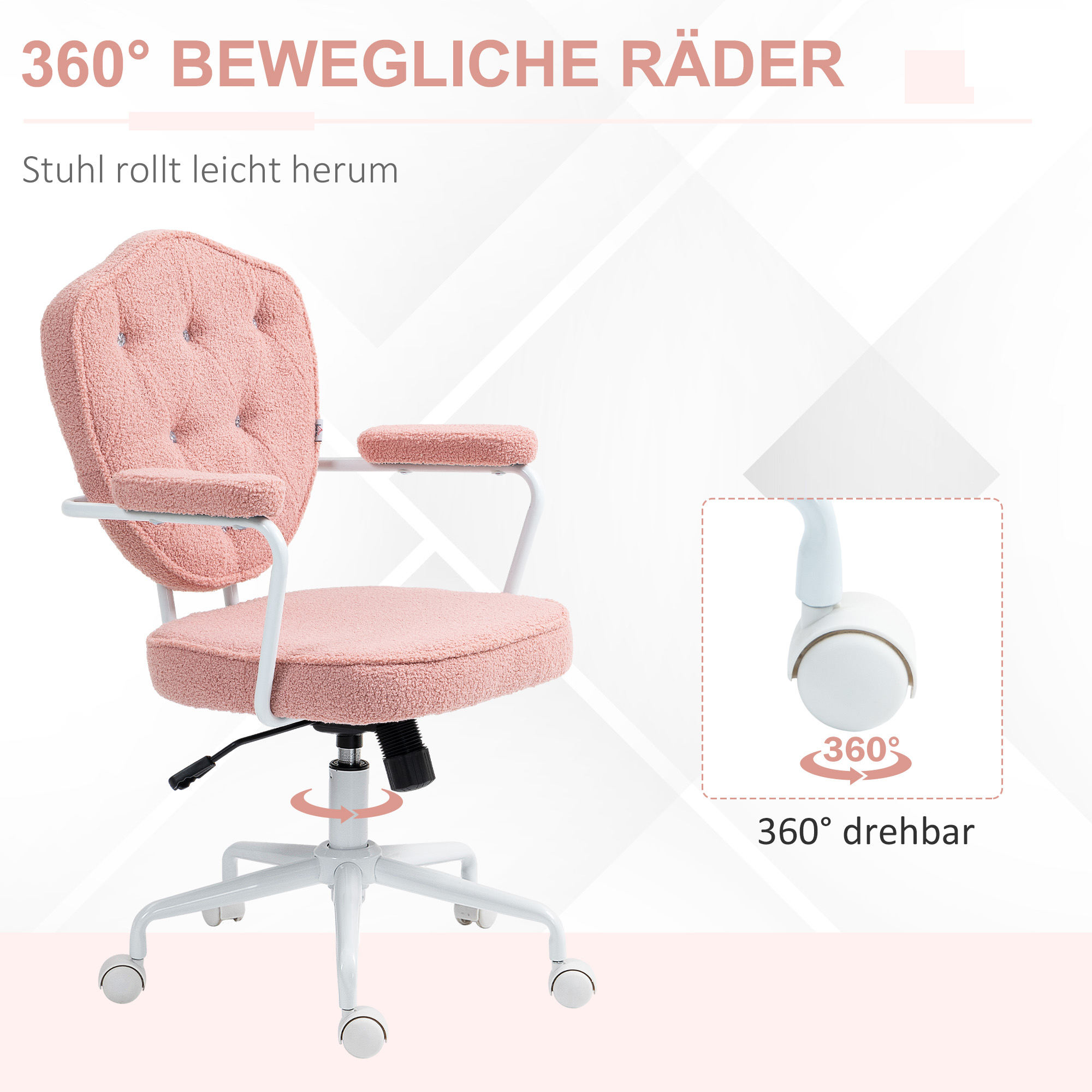Rosa Bürostuhl mit weißem Rahmen und 360-Grad-Drehrädern.
