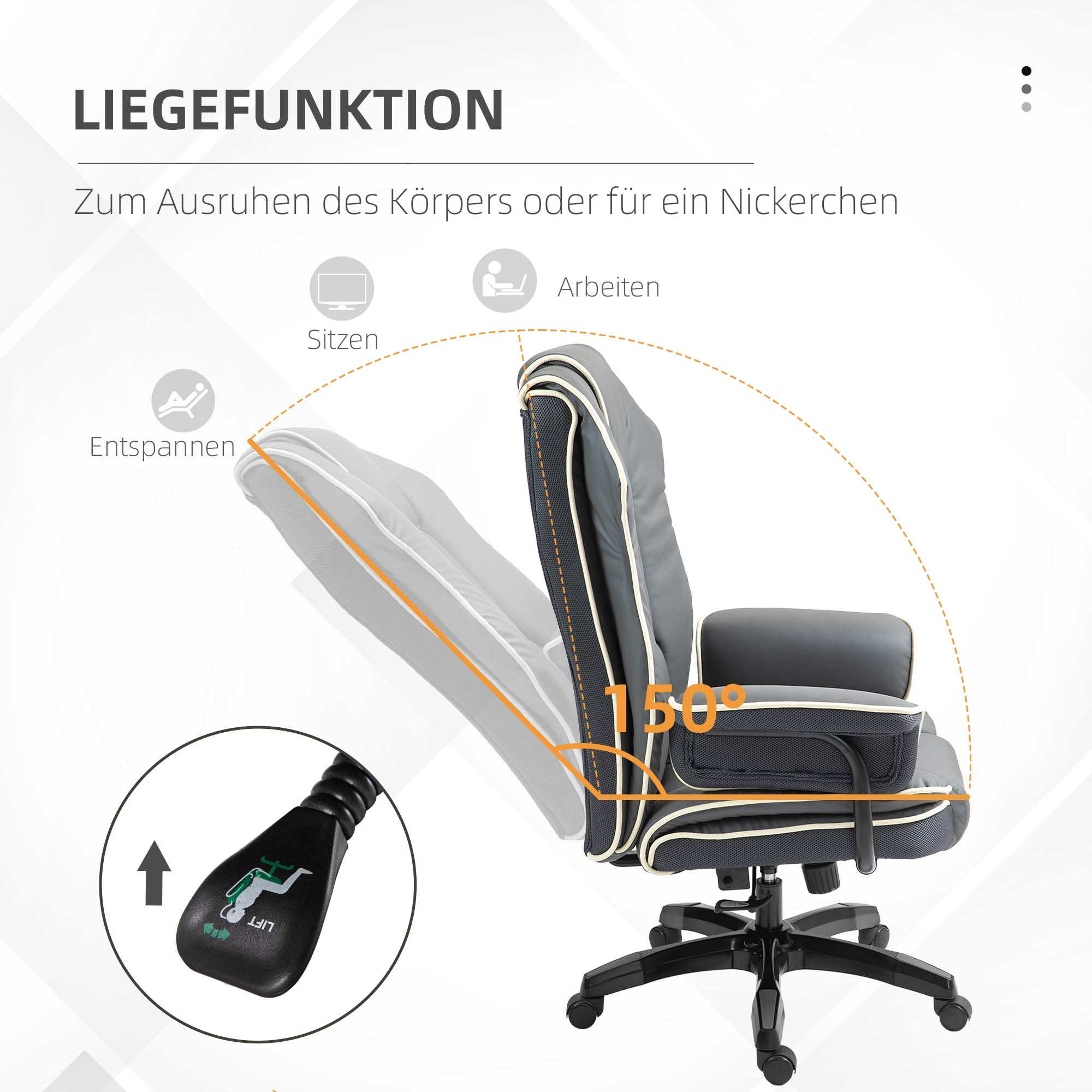 Ein Bürostuhl mit zurücklehnender Rückenlehne, markiert auf 150 Grad, und Bedienelementen an der Seite.