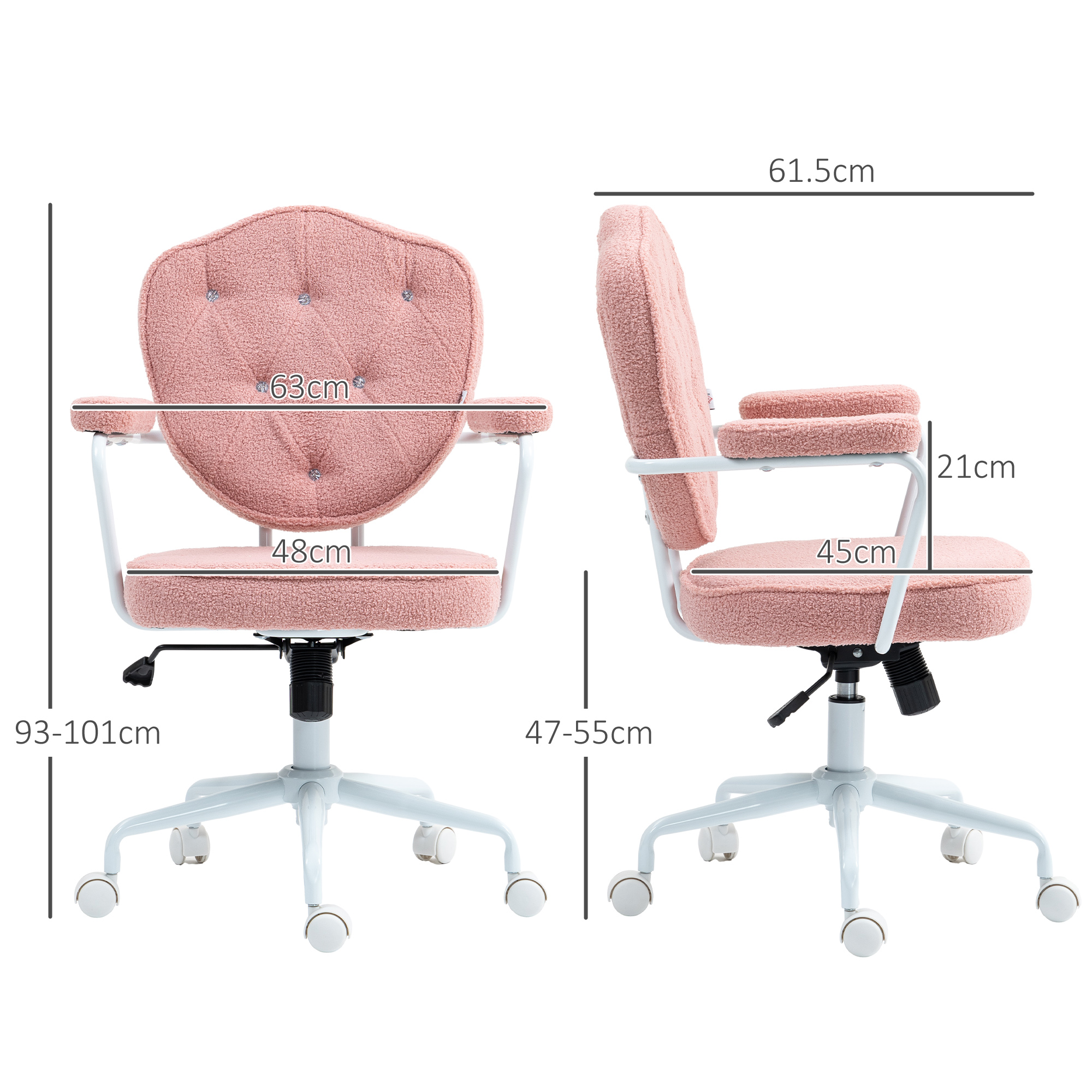 Ein rosa Bürostuhl mit weißem Gestell und beschrifteten Abmessungen.
