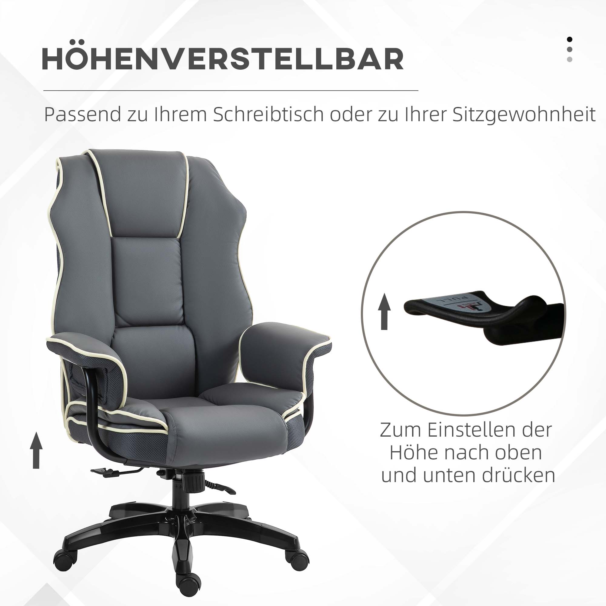 Grau-schwarzer Bürostuhl mit Einstellpfeilen und Text.