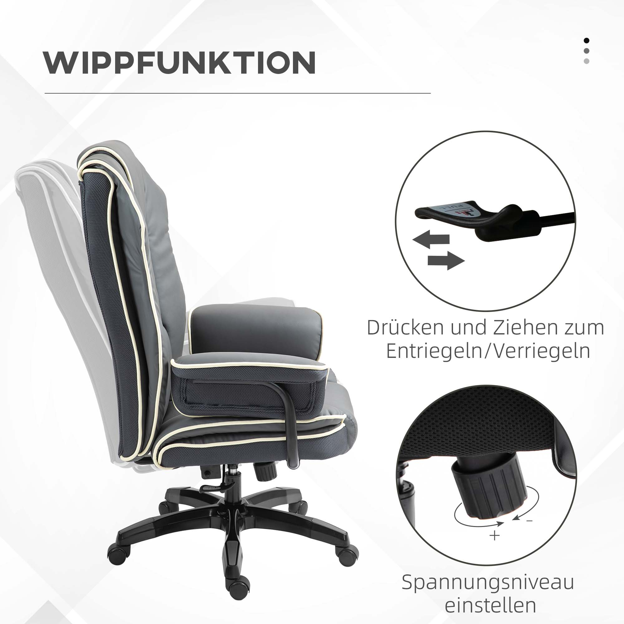 Ein grauer Bürostuhl mit Kippfunktion. Zeigt eine Anleitung und einen Knopf zum Einstellen der Spannung. Beschriftet Wippfunktion.