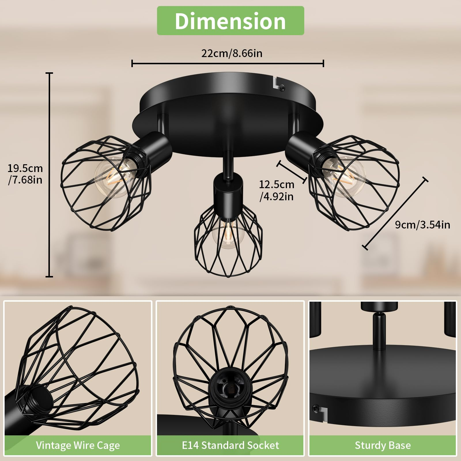 Schwarzer Deckenstrahler mit drei Lichtern. Abmessungen und Details sind angegeben. Drahtkäfig-Design.