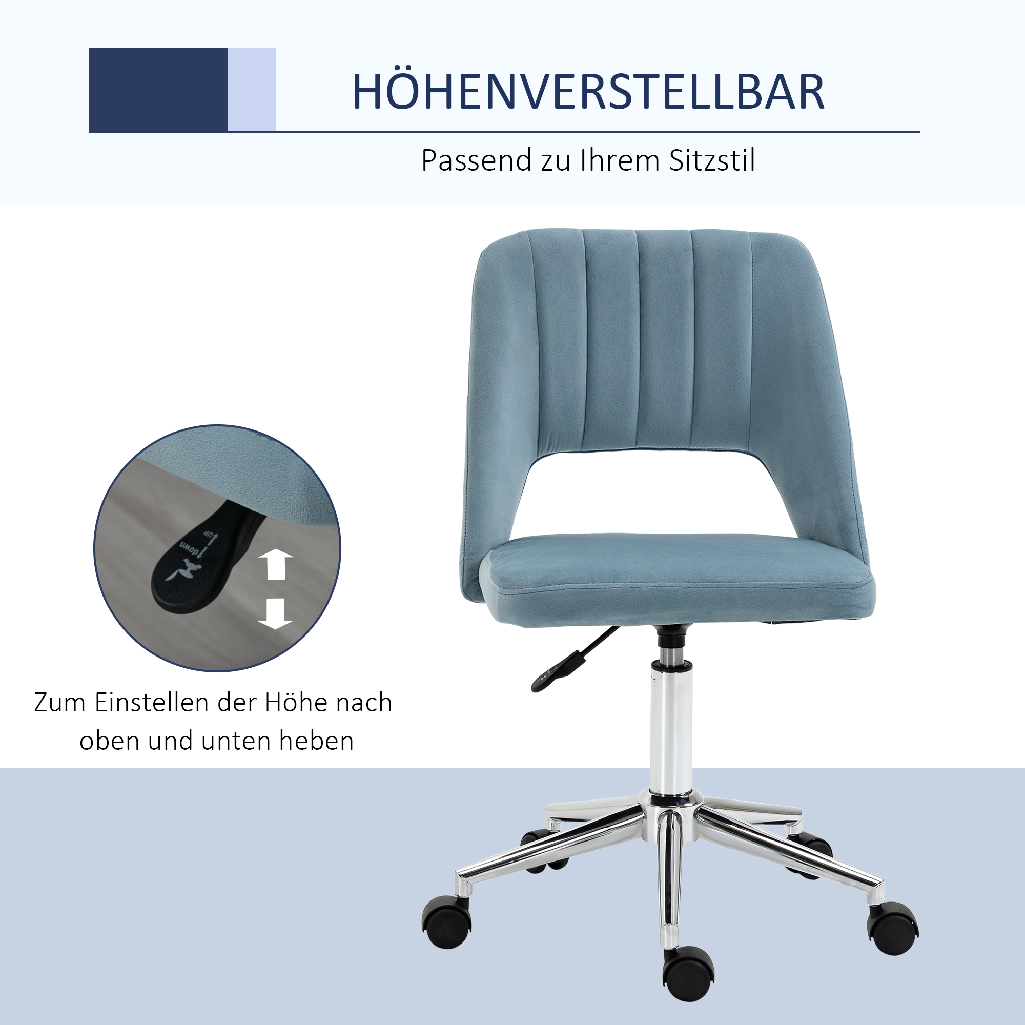 Blauer Bürostuhl mit silbernem Fuß. Text: Höhenverstellbar. Detail zeigt den Höhenverstellhebel.