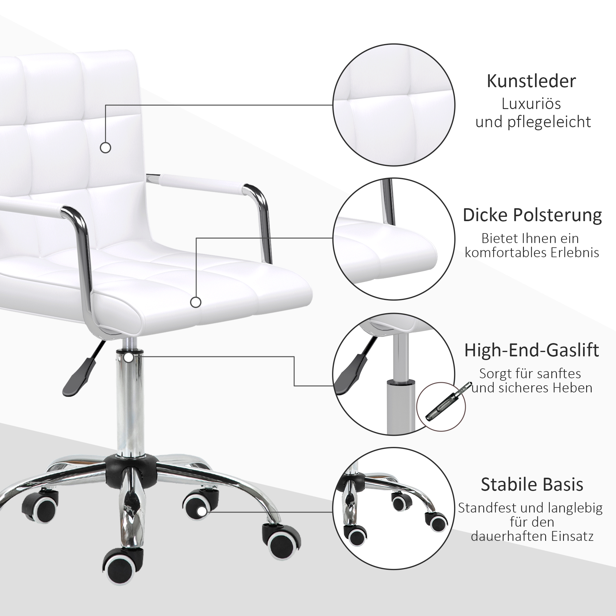 Ein weißer Leder-Bürostuhl mit Chromarmen und -fuß, mit beschrifteten Details.