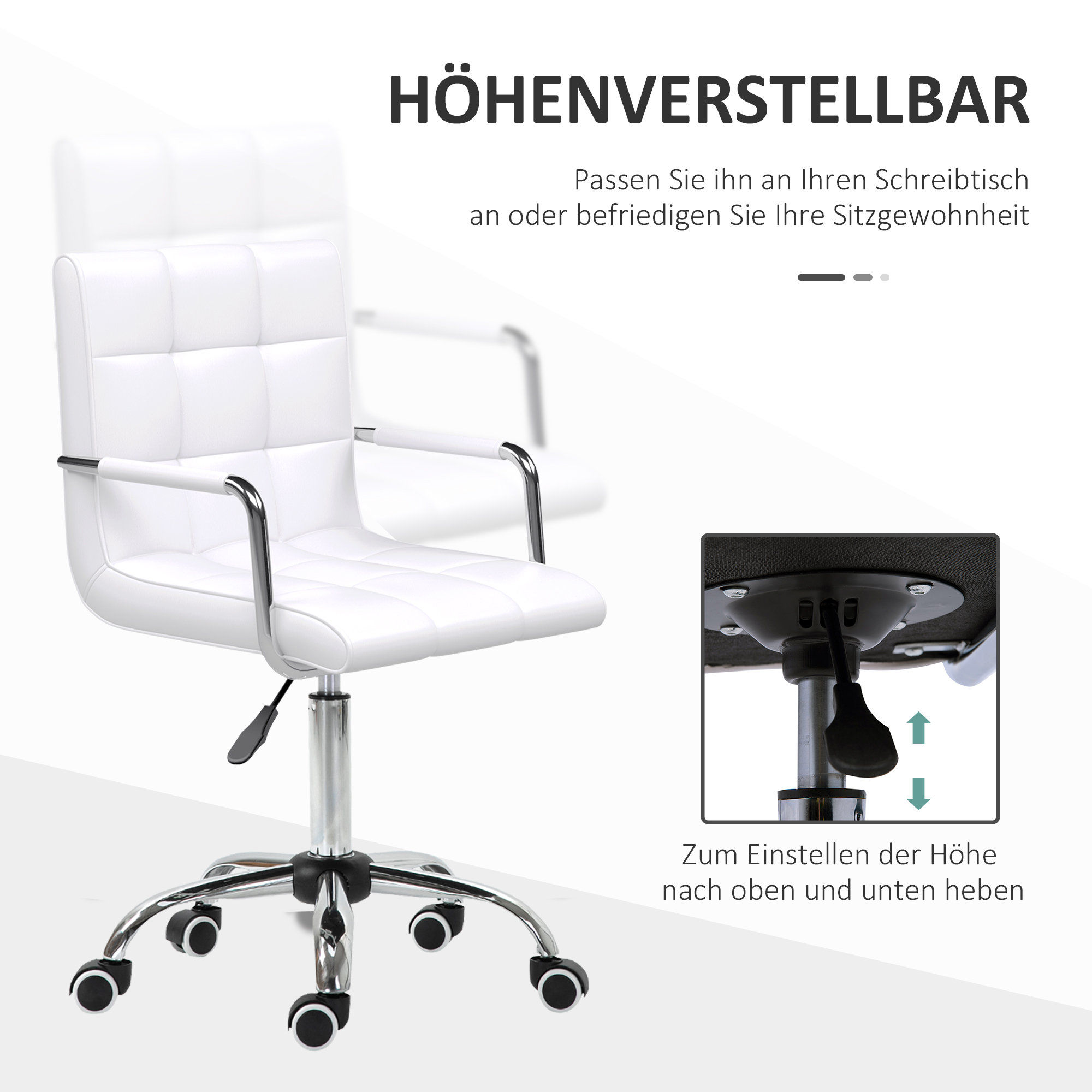 Weißer Bürostuhl mit silbernem Gestell und Rollen. Höhenverstellbare Funktion wird hervorgehoben.