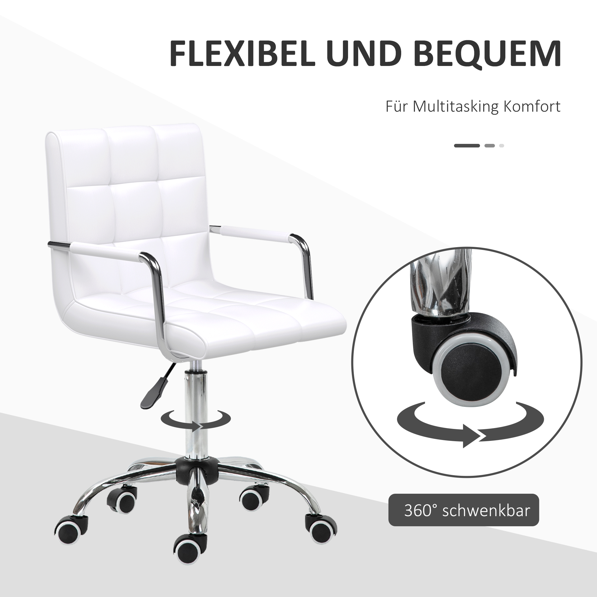 Weißer Bürostuhl mit silbernem Rahmen, schwarzen Rädern. Ein Kreis zeigt die 360°-Drehung des Stuhls.