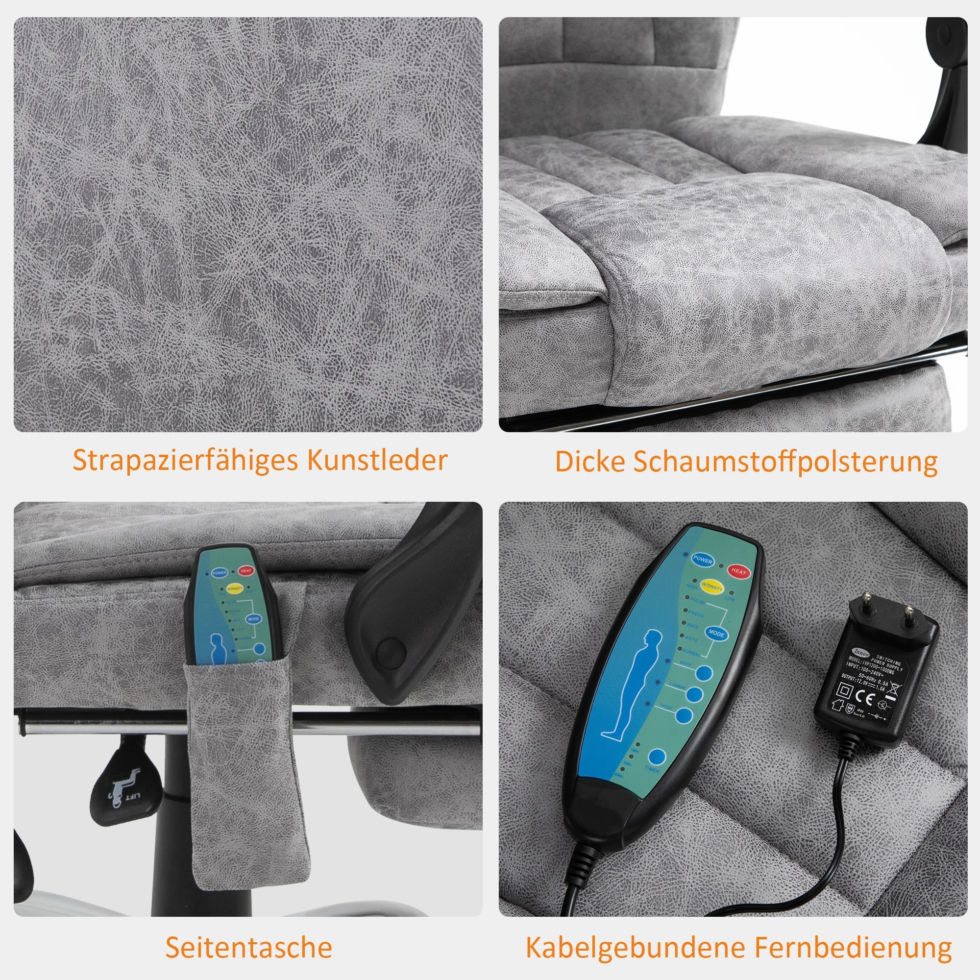 Ein Bürostuhl mit Detailansichten von Leder, Polsterung und Fernbedienung.