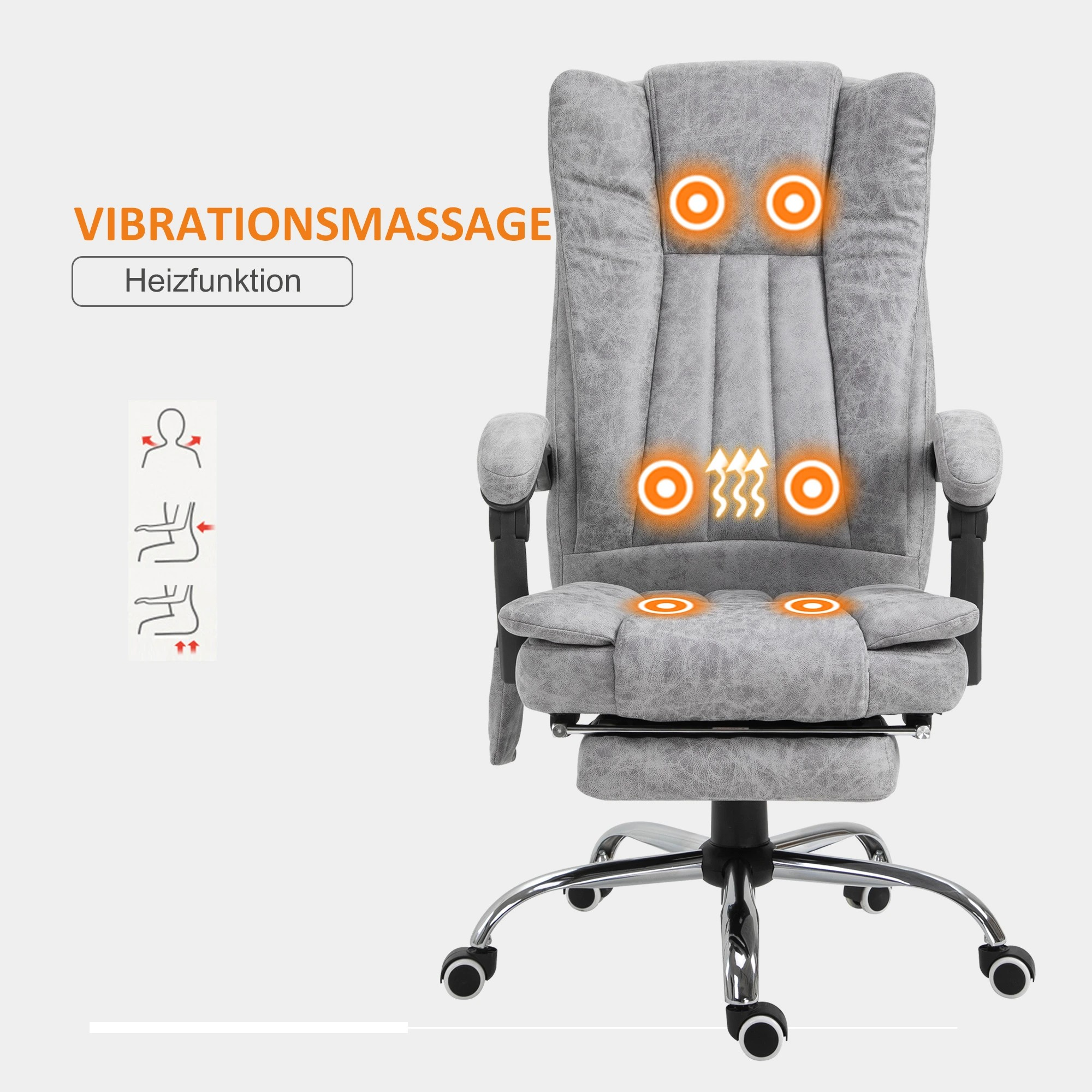 Grauer Massagesessel mit Wärmefunktion. Der Stuhl hat mehrere hervorgehobene Massagepunkte.