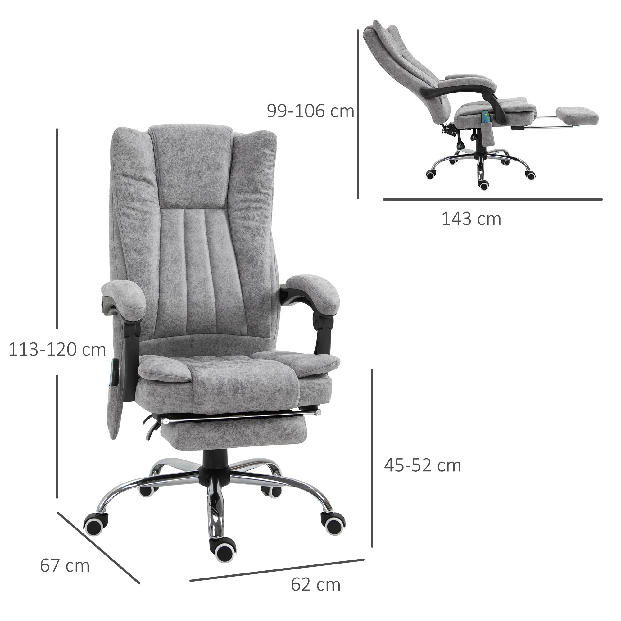 Grauer Bürostuhl mit Maßangaben; 113-120 cm hoch, 67 cm breit.