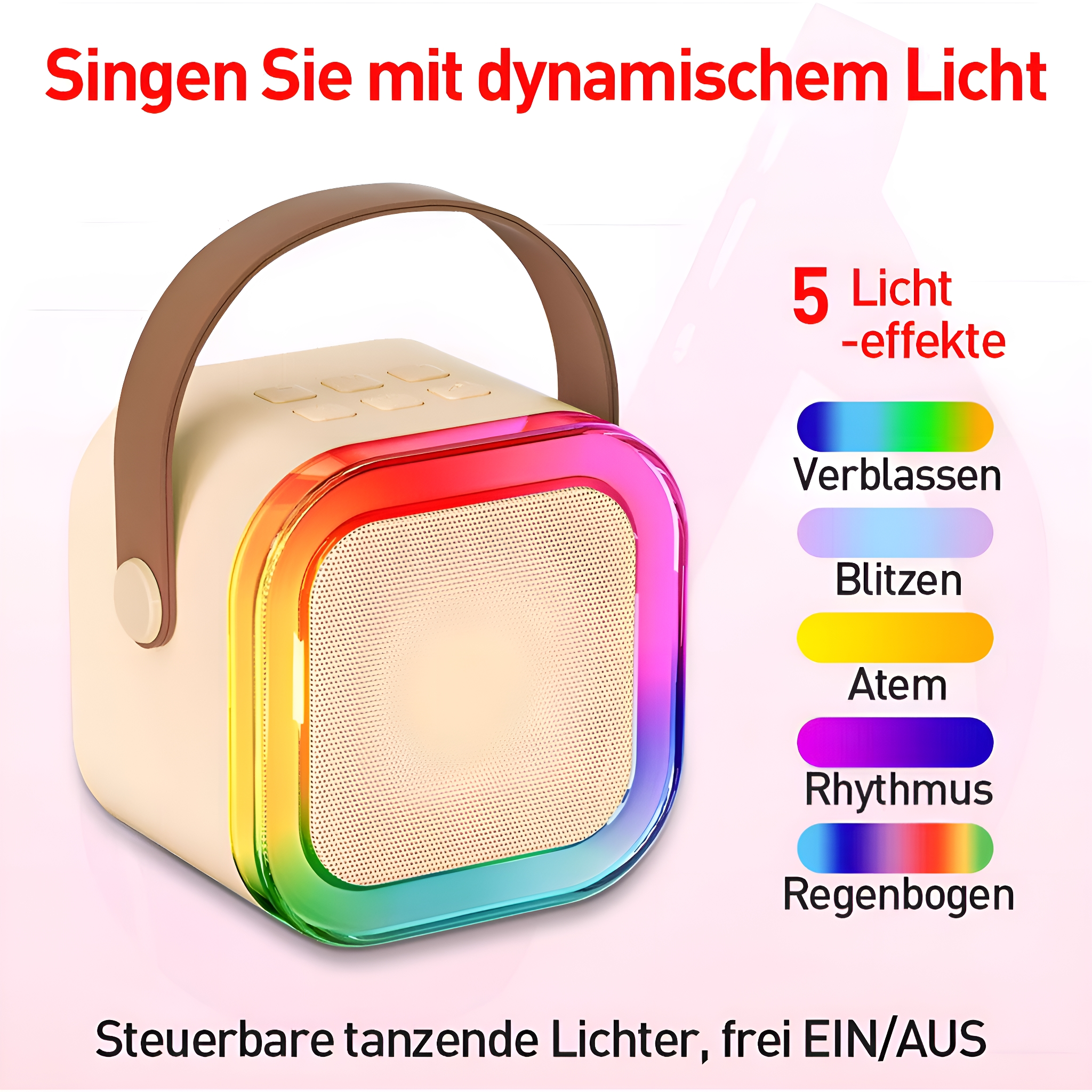 Ein quadratischer Lautsprecher mit bunten Lichtern am Rand. Er hat einen braunen Griff.