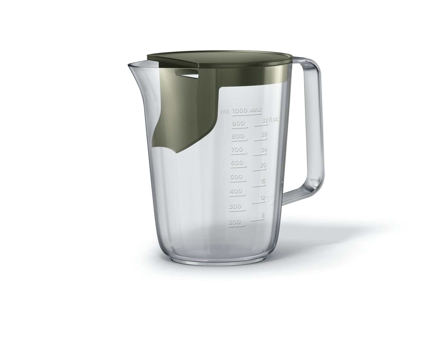 Una caraffa graduata trasparente con coperchio e manico scuri, segnata in ml e fl.oz.