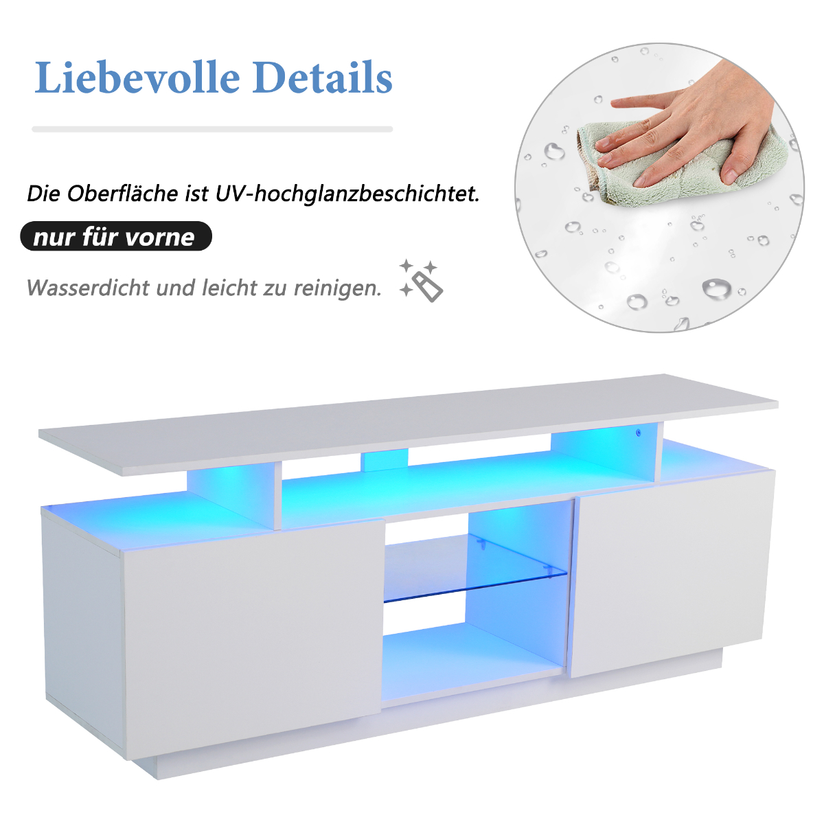 Weißer TV-Ständer mit blauer Beleuchtung und eine Hand, die ihn mit einem grünen Tuch abwischt. Es hat ein Glasregal.