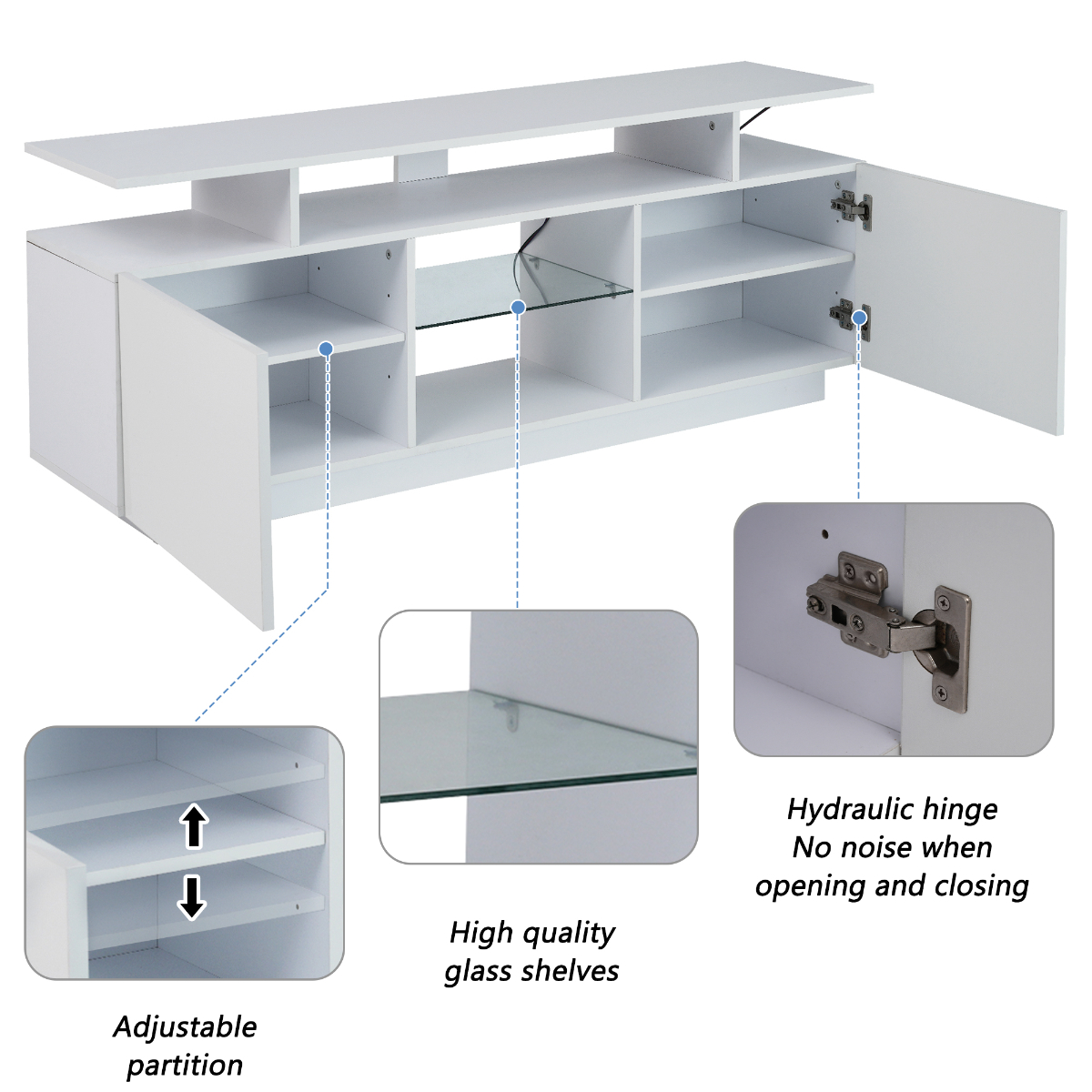 Weißer TV-Ständer mit Regalen und Schubladen, mit Diagrammen.