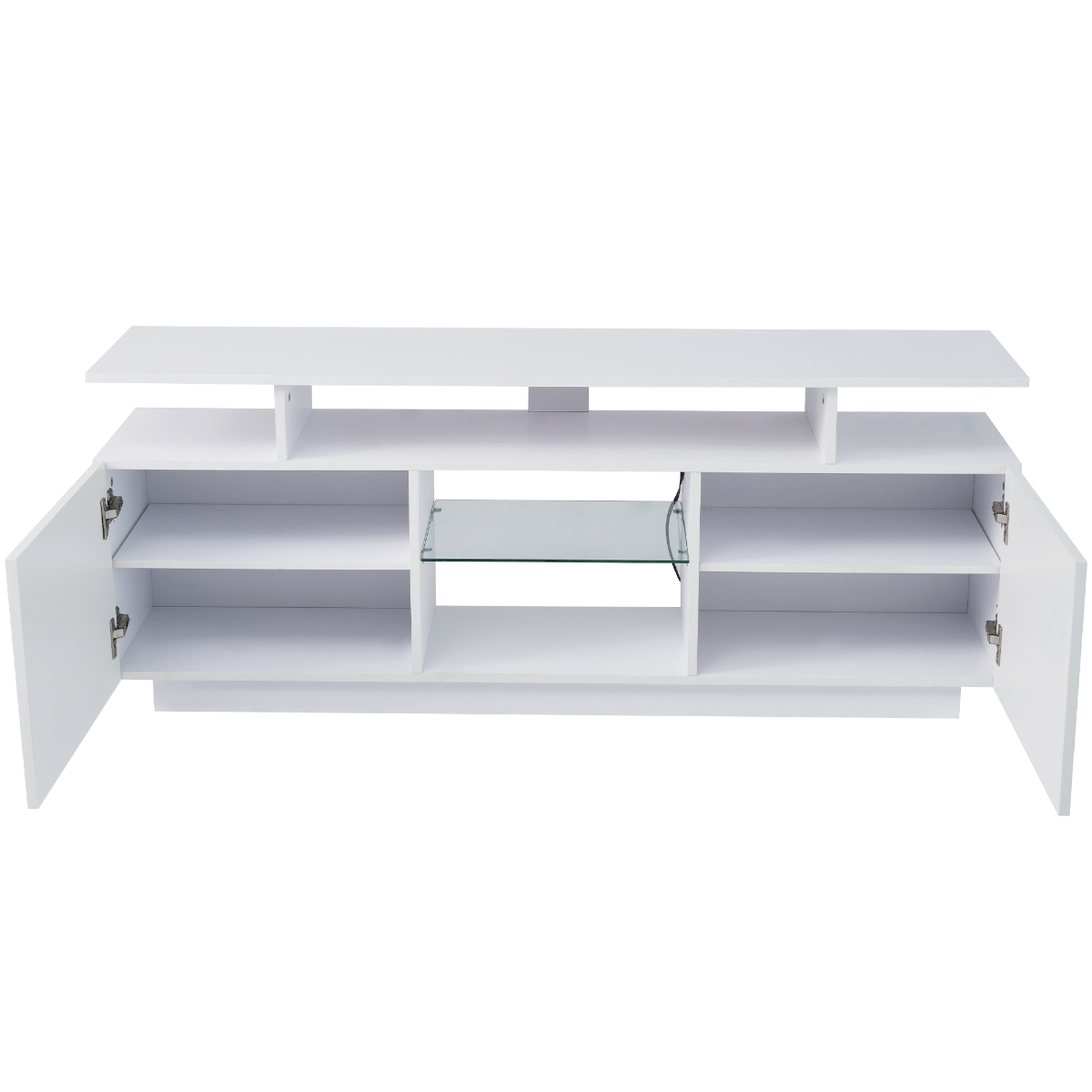 Weißer TV-Ständer mit offenen Türen, Regalen und einer zentralen Glasplatte. Sauberes und modernes Design.
