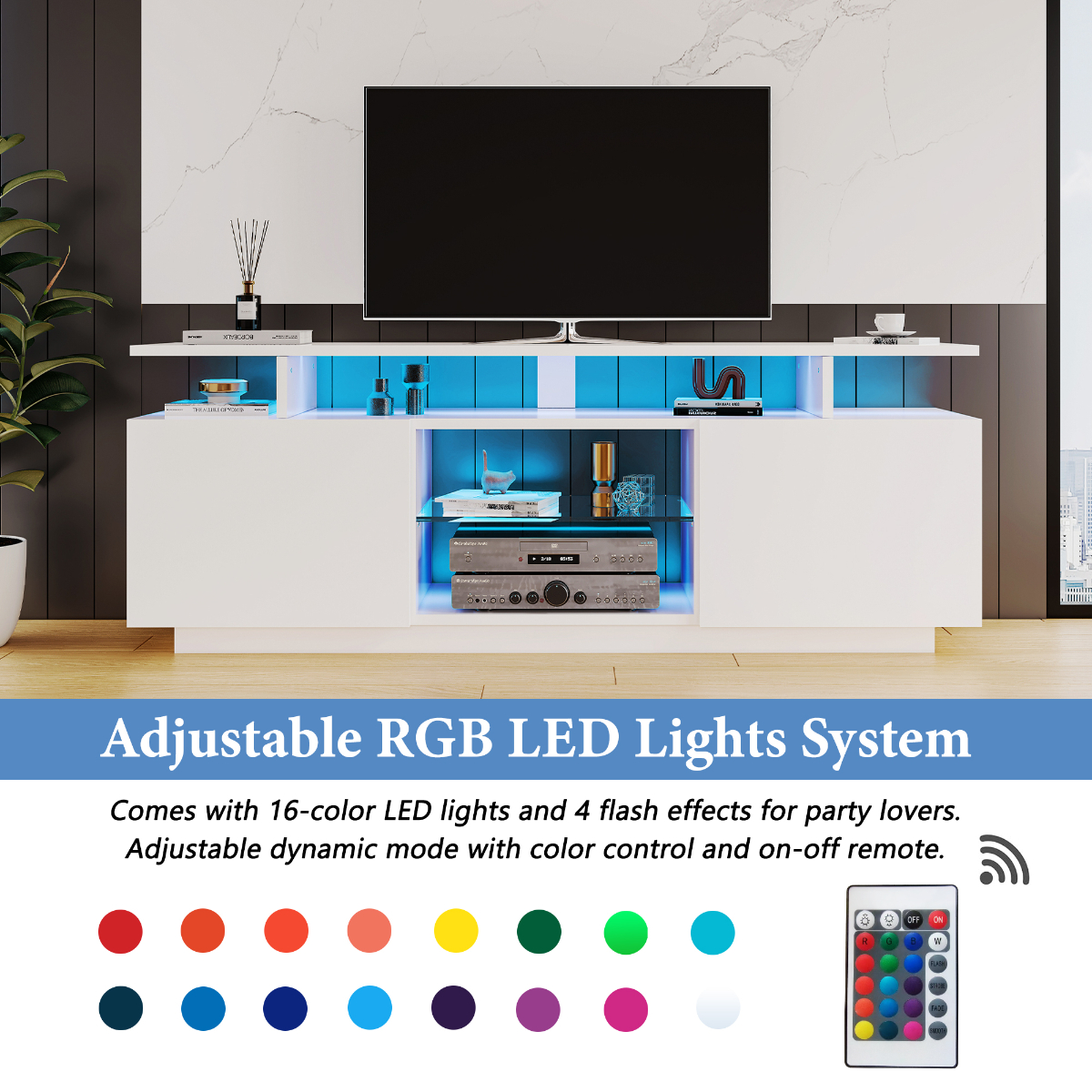 Weißer TV-Ständer mit LED-Leuchten und Fernbedienung. Bunte Lichter.