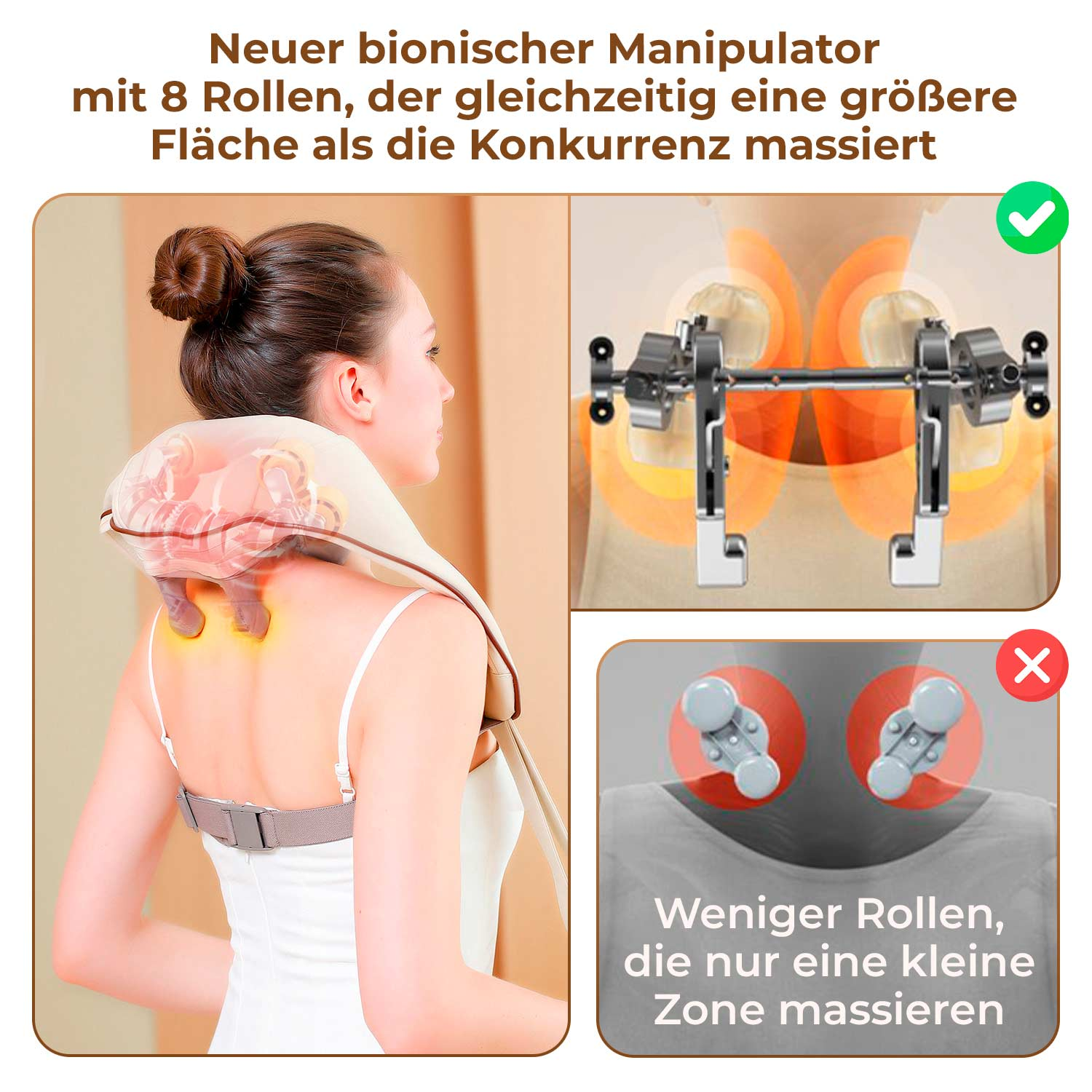 Frau mit Nackenmassagegerät. Eine Einlage zeigt den Mechanismus und einen Vergleich.