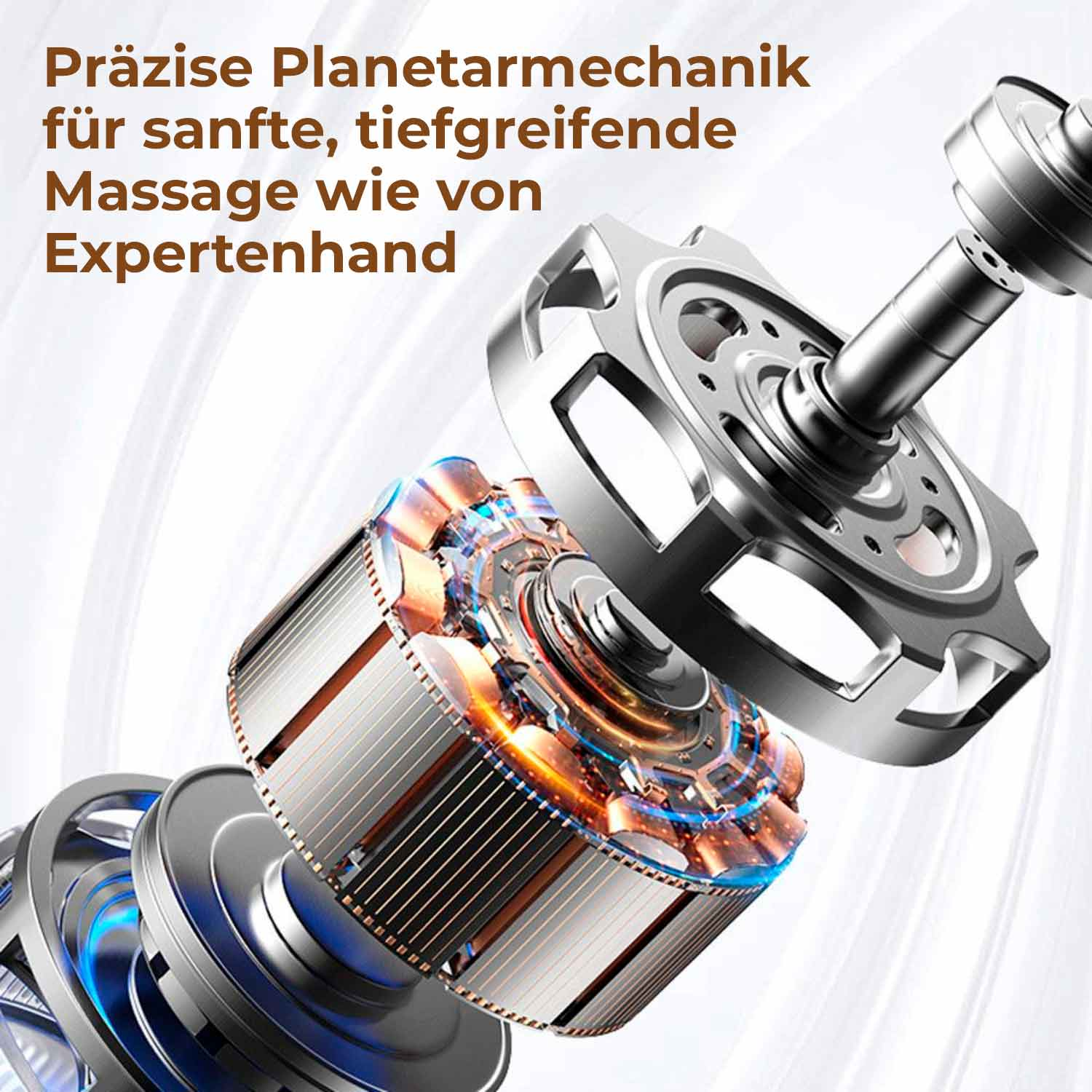 Detaillierte interne Komponenten einer Maschine mit Text, der Planetenmechanik für die Massage beschreibt.