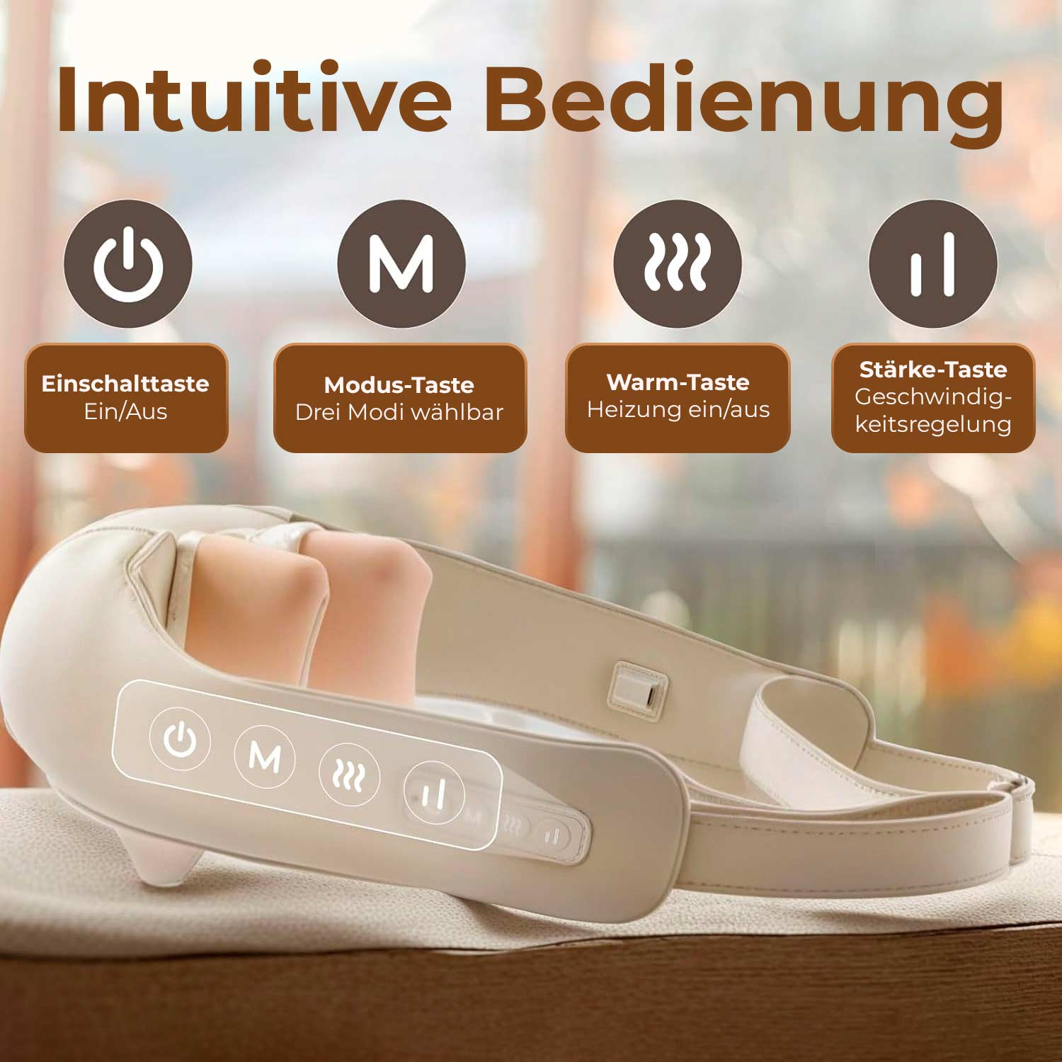 Nackenmassagegerät mit Bedienelementen. Weiß mit beigen Massagepads.