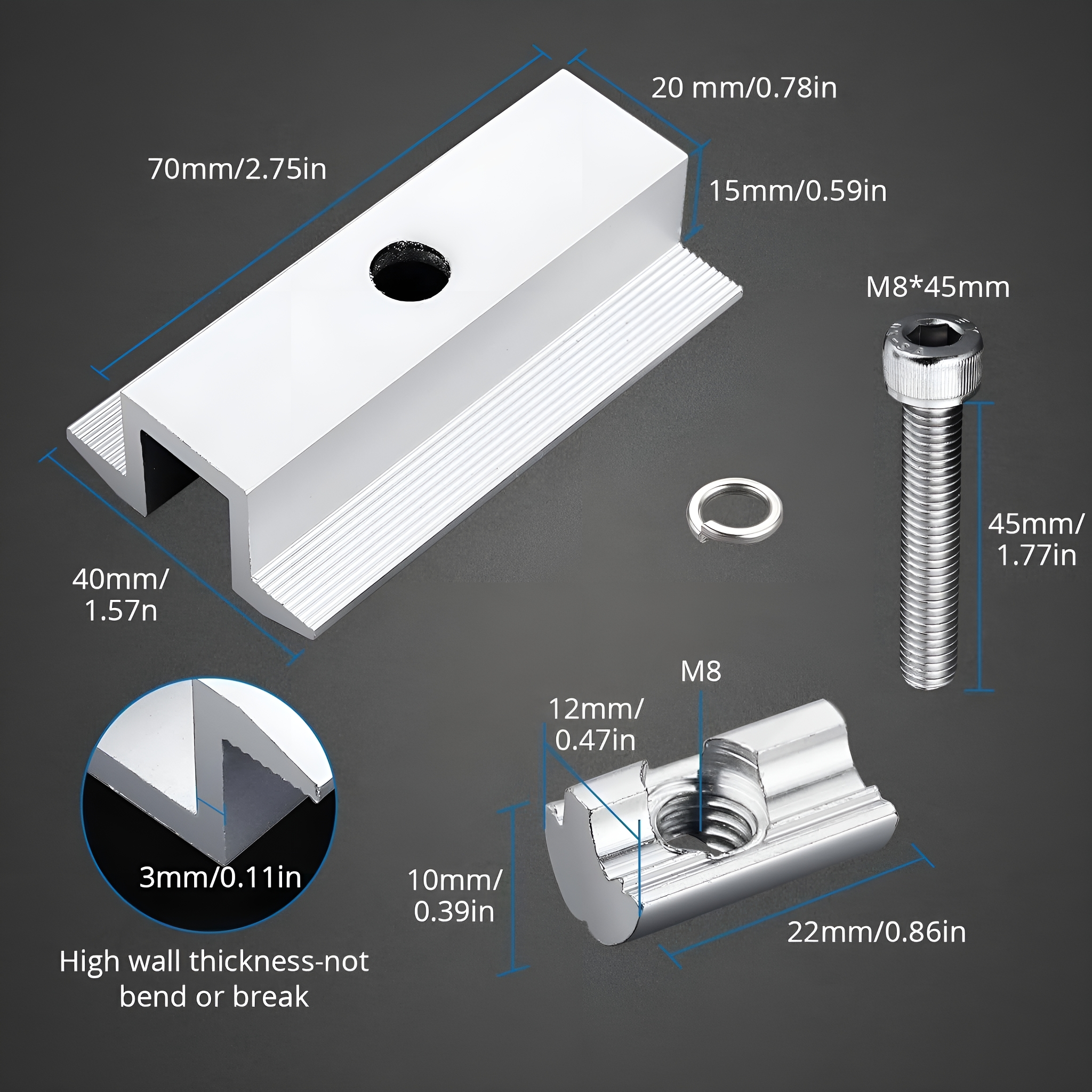 Diagramm von Metallkomponenten mit Abmessungen, einschließlich Schraube, Mutter und Profil.
