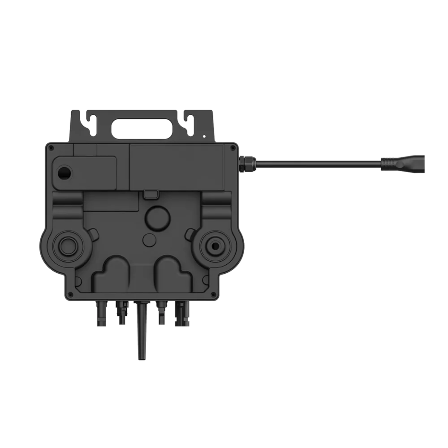 Schwarzes elektronisches Gerät von oben mit Kabel und Steckern.