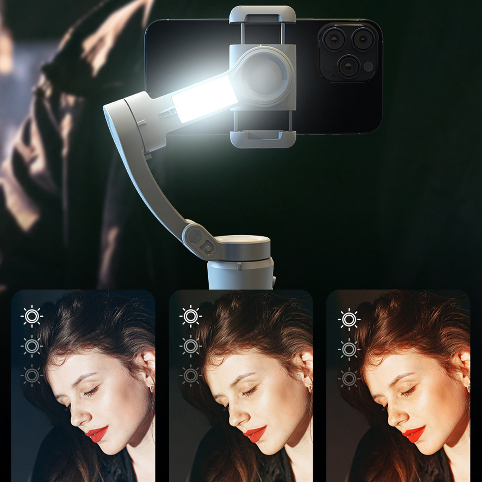 Ein Smartphone mit Lichtaufsatz und drei Beleuchtungsmustern, die unterschiedliche Belichtungen zeigen. Eine Person ist im Hintergrund.