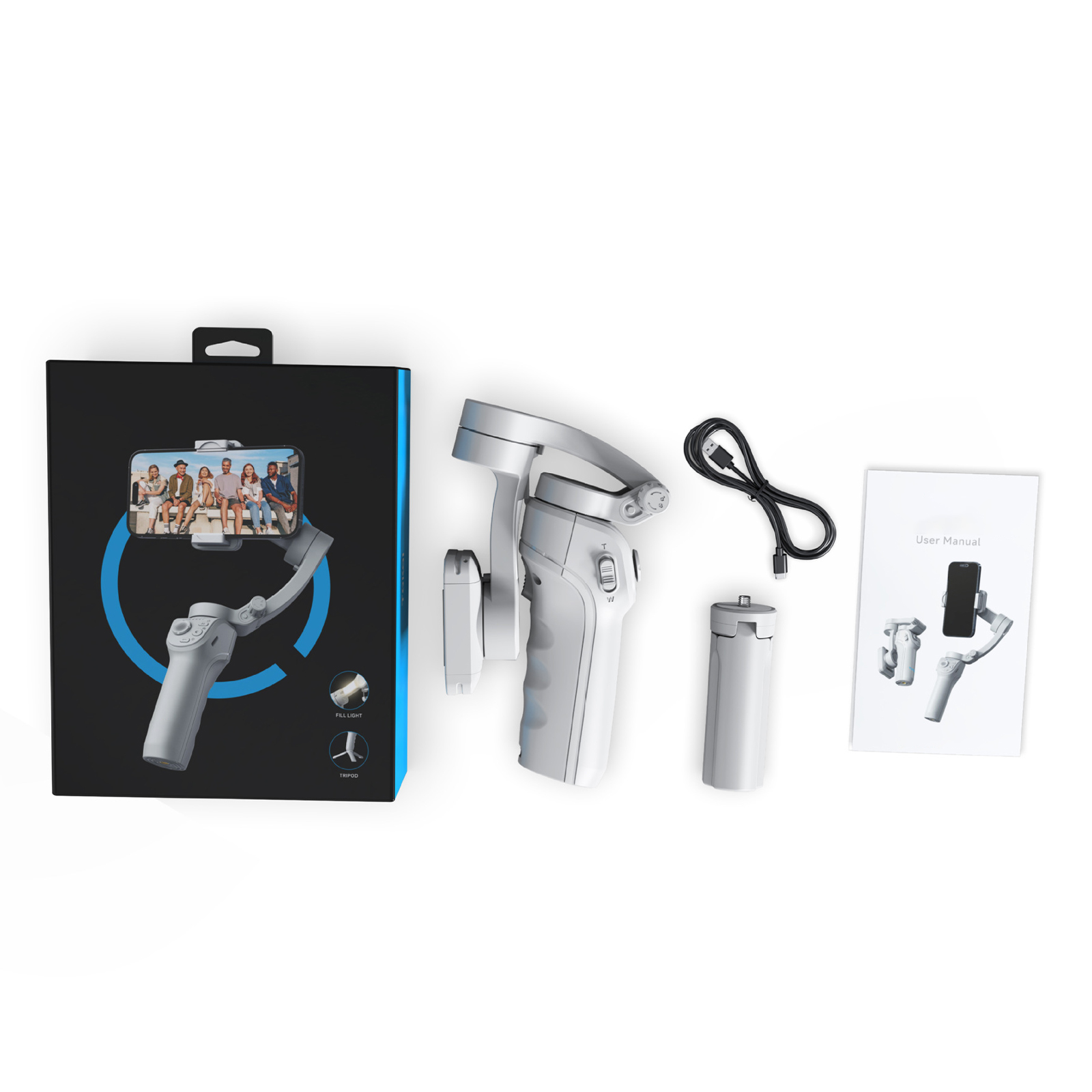Ein Gimbal-Stabilisator, ein Telefon, ein Akku und eine Bedienungsanleitung, alles in einer Box, auf weißer Oberfläche.