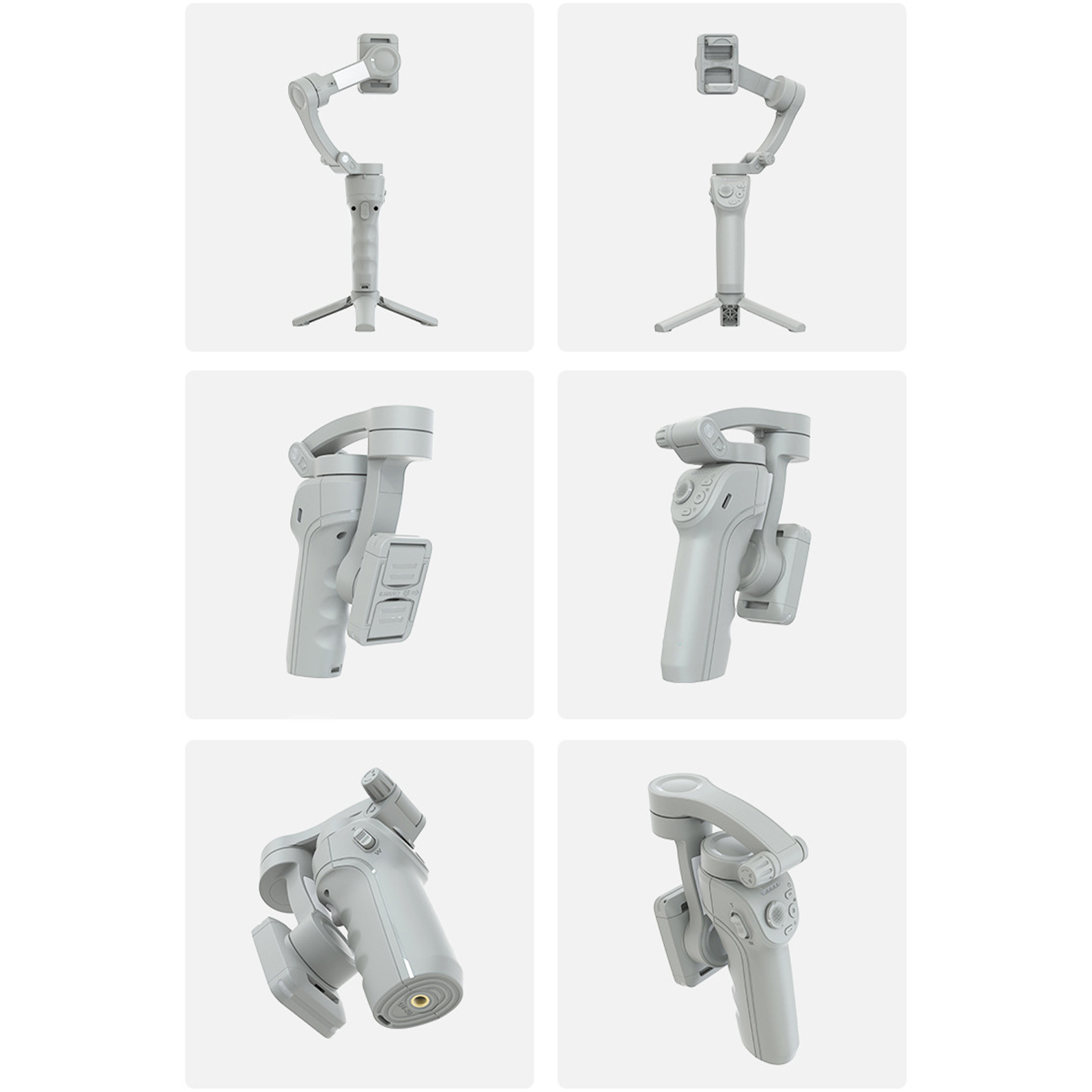Sammlung grauer Gimbals, die verschiedene Winkel und Konfigurationen zeigen.