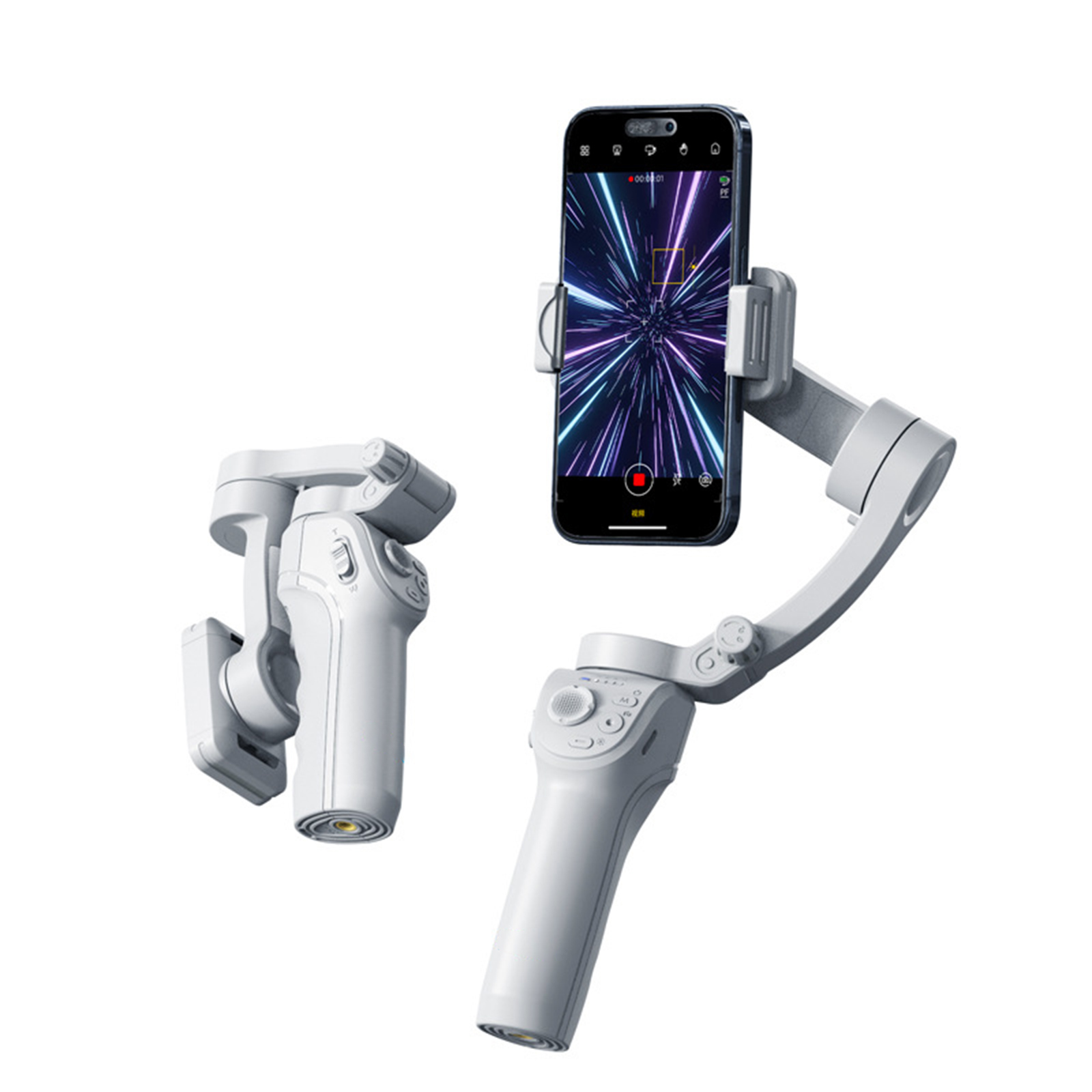 Ein weißer Gimbal-Stabilisator mit einem befestigten Telefon und zwei zusätzlichen Ansichten.