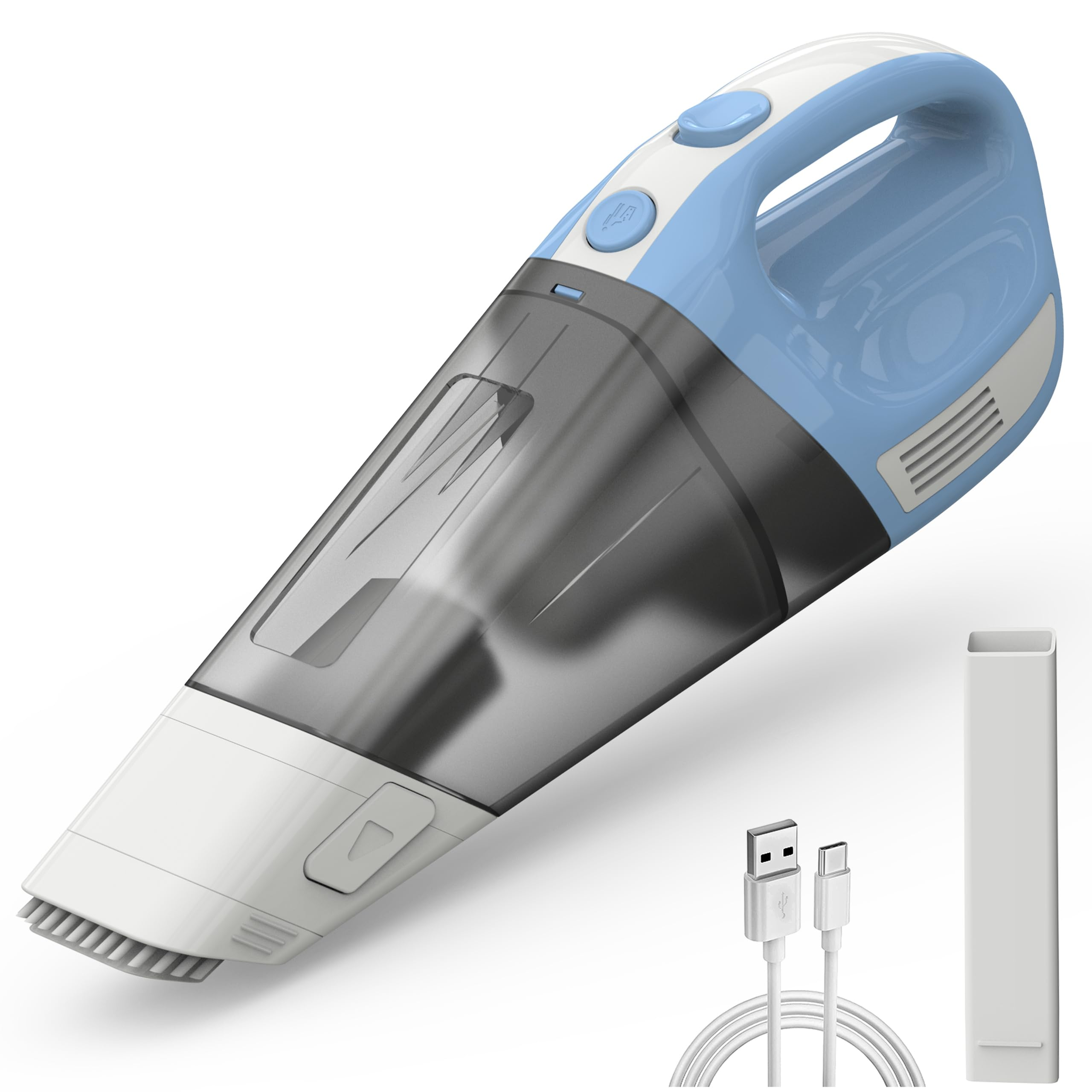 Handstaubsauger. Blau und weiß. Inklusive USB-Kabel und Reinigungsbürstenaufsatz.