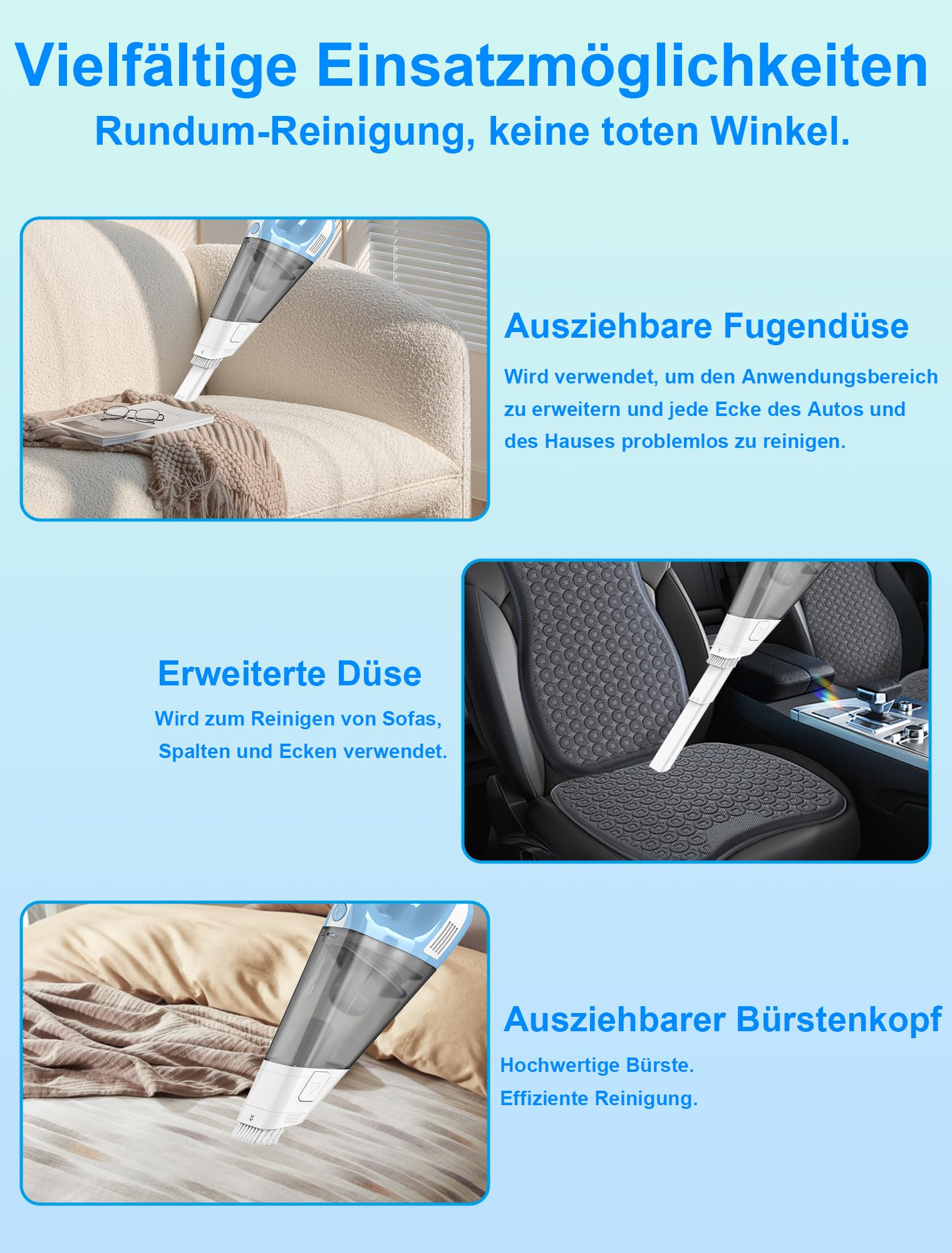 Ein Diagramm, das die Verwendung eines Handstaubsaugers zeigt. Er reinigt verschiedene Oberflächen.