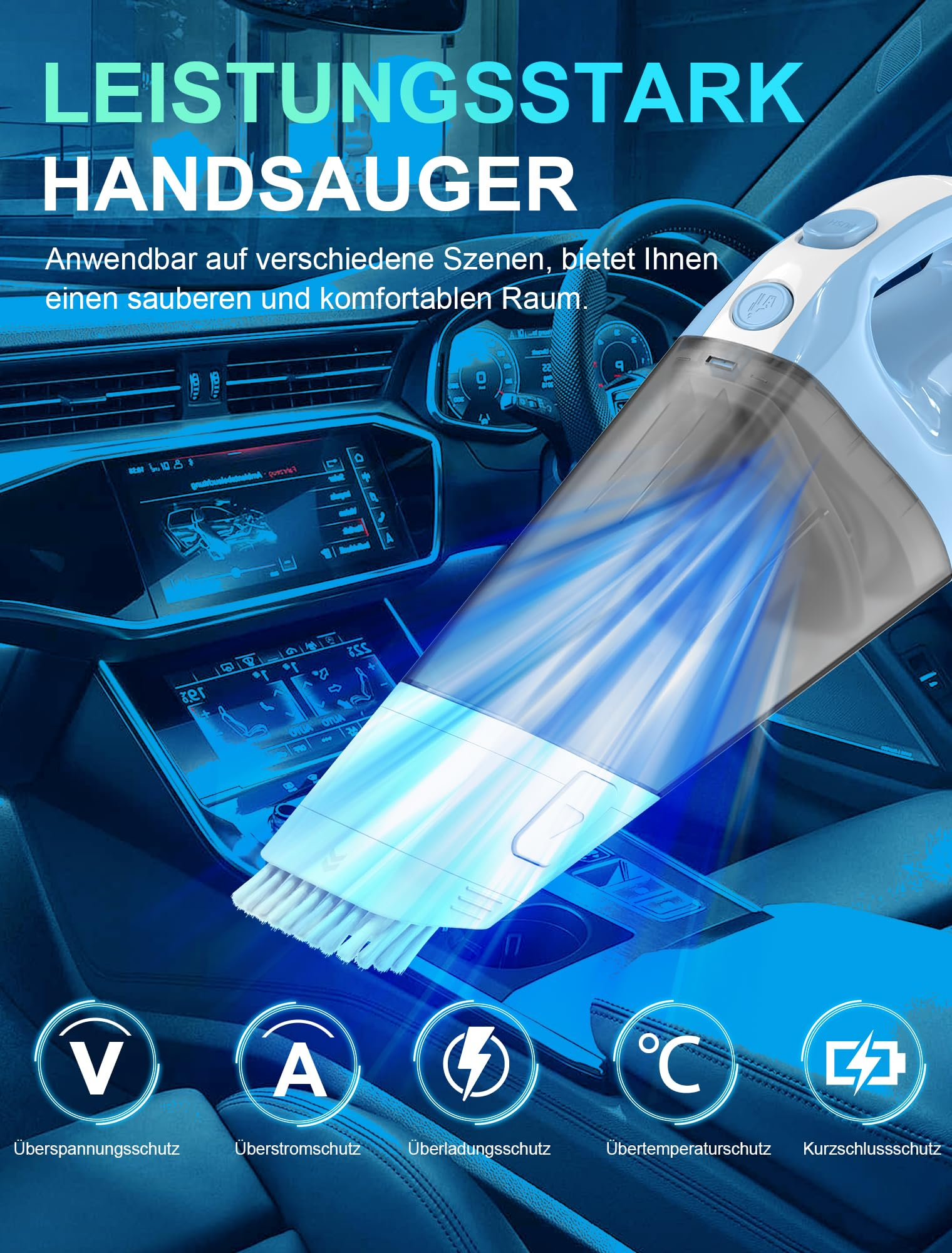 Ein Autointerieur mit einem Staubsauger, der es reinigt. Der Staubsauger ist weiß und blau.