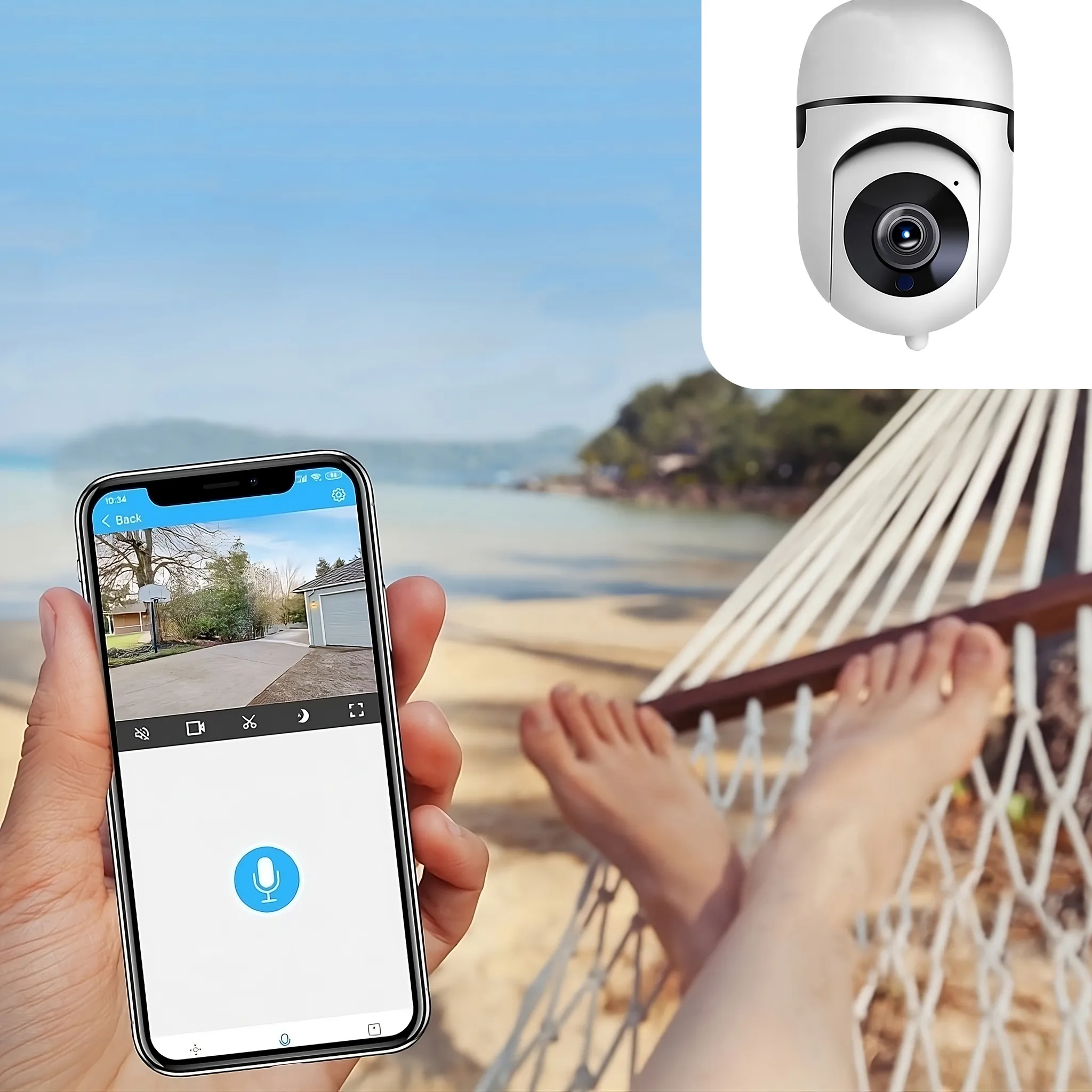 Person schaut sich eine Strandszene auf ihrem Handy an. Überwachungskamera in der oberen rechten Ecke.