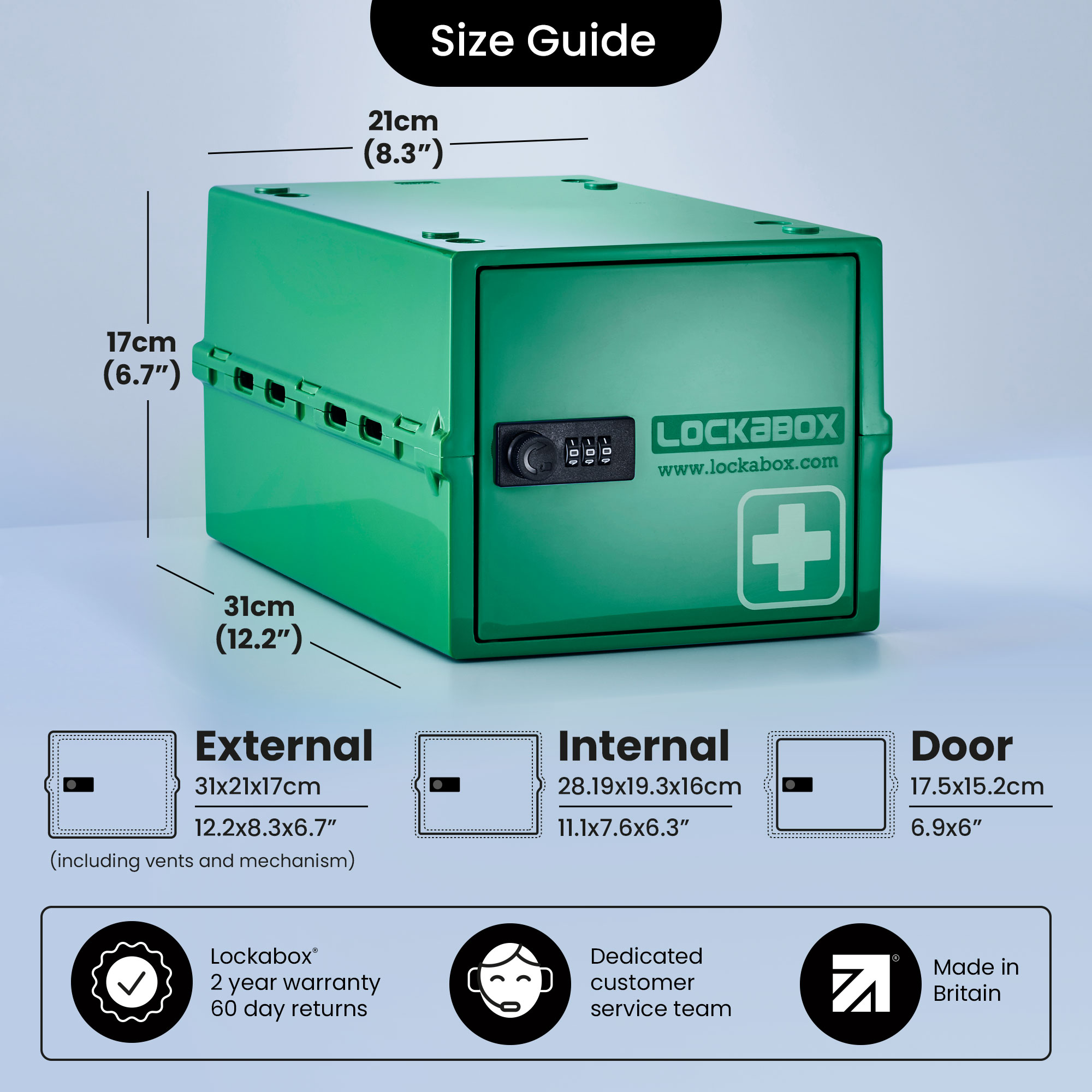Grüne Lockabox mit Abmessungen. Enthält Schloss, Logo und Erste-Hilfe-Symbol. Details zu Innen- und Außenmaßen.