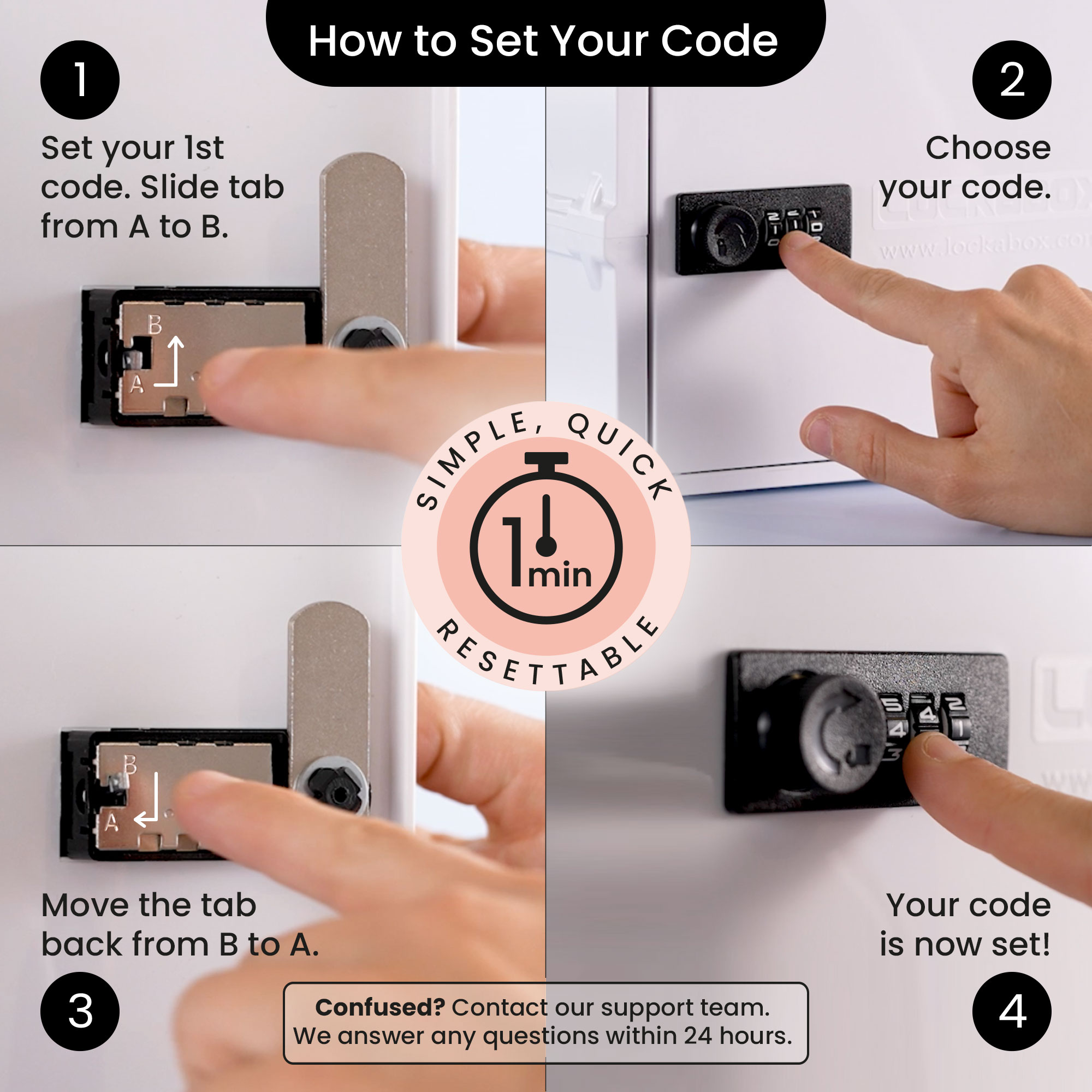 Anweisungen zum Einstellen eines Codes. Die Schritte 1-4 zeigen, wie man den Code einstellt.