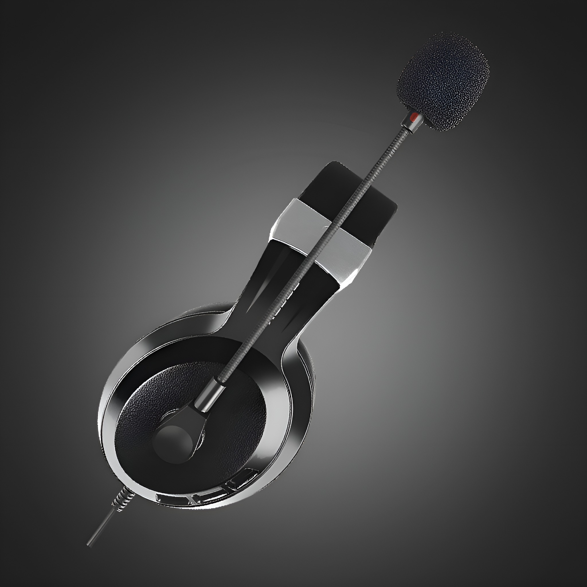 Schwarzes Gaming-Headset mit Mikrofon. Es hat ein elegantes Design und einen dunkelgrauen Hintergrund.