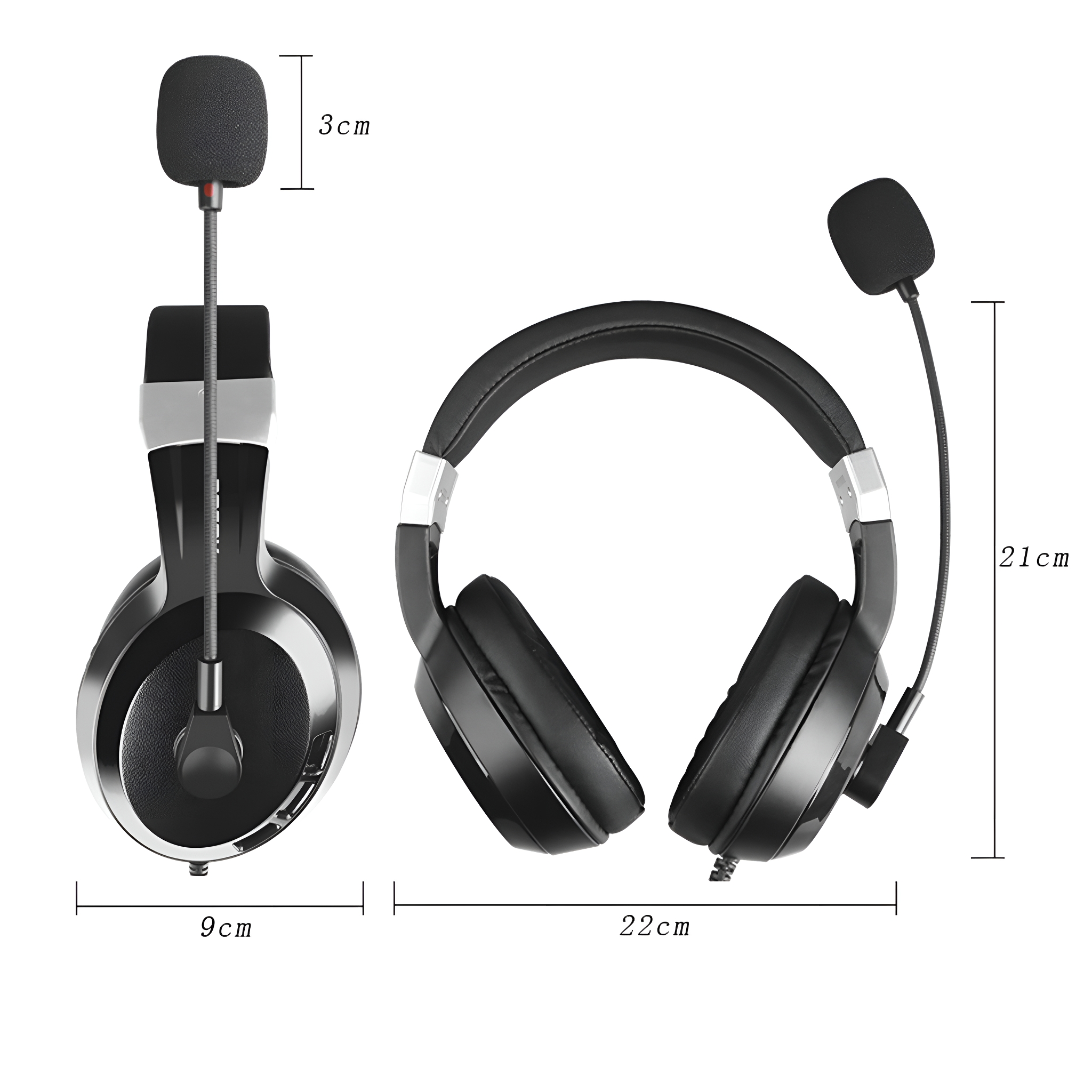 Kopfhörer mit Mikrofon, schwarz, und Maße in cm; 9cm, 22cm, 3cm und 21cm.