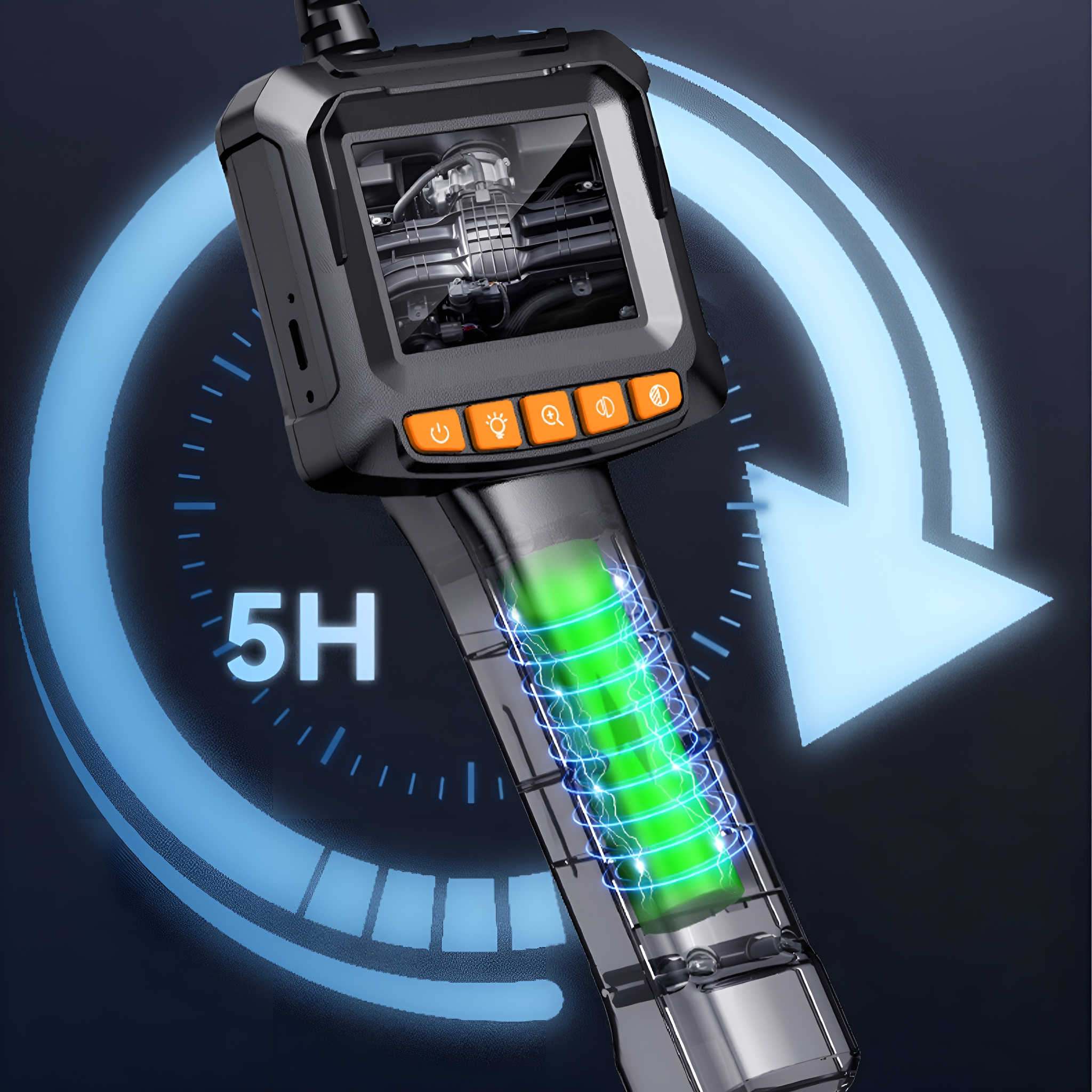 Endoskop mit Bildschirm und Batterie, das eine Lebensdauer von 5 Stunden mit einem rotierenden Pfeil zeigt.