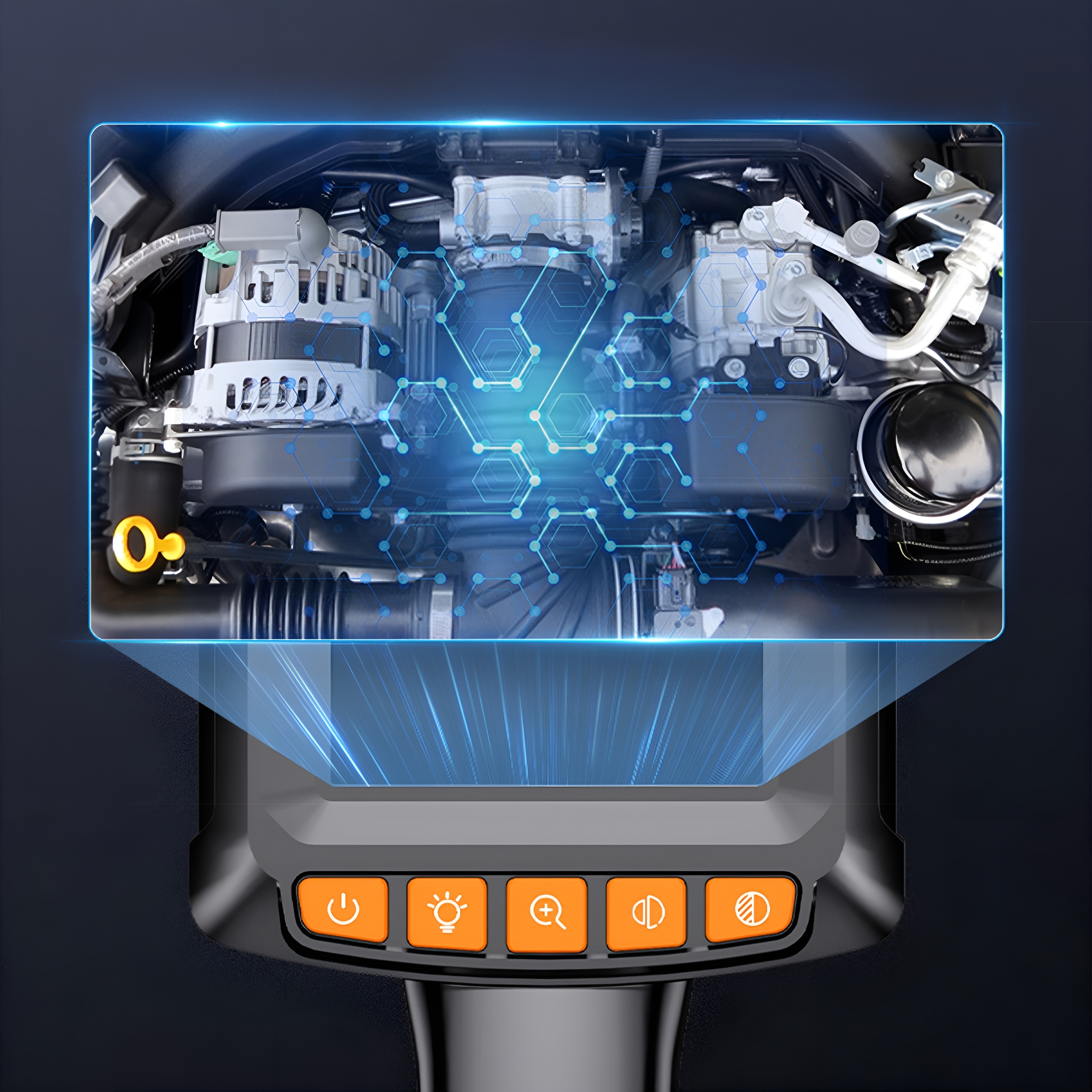 Eine Inspektionskamera zeigt einen Automotor. Die Kamera hat Knöpfe und blaue Lichtdetails.
