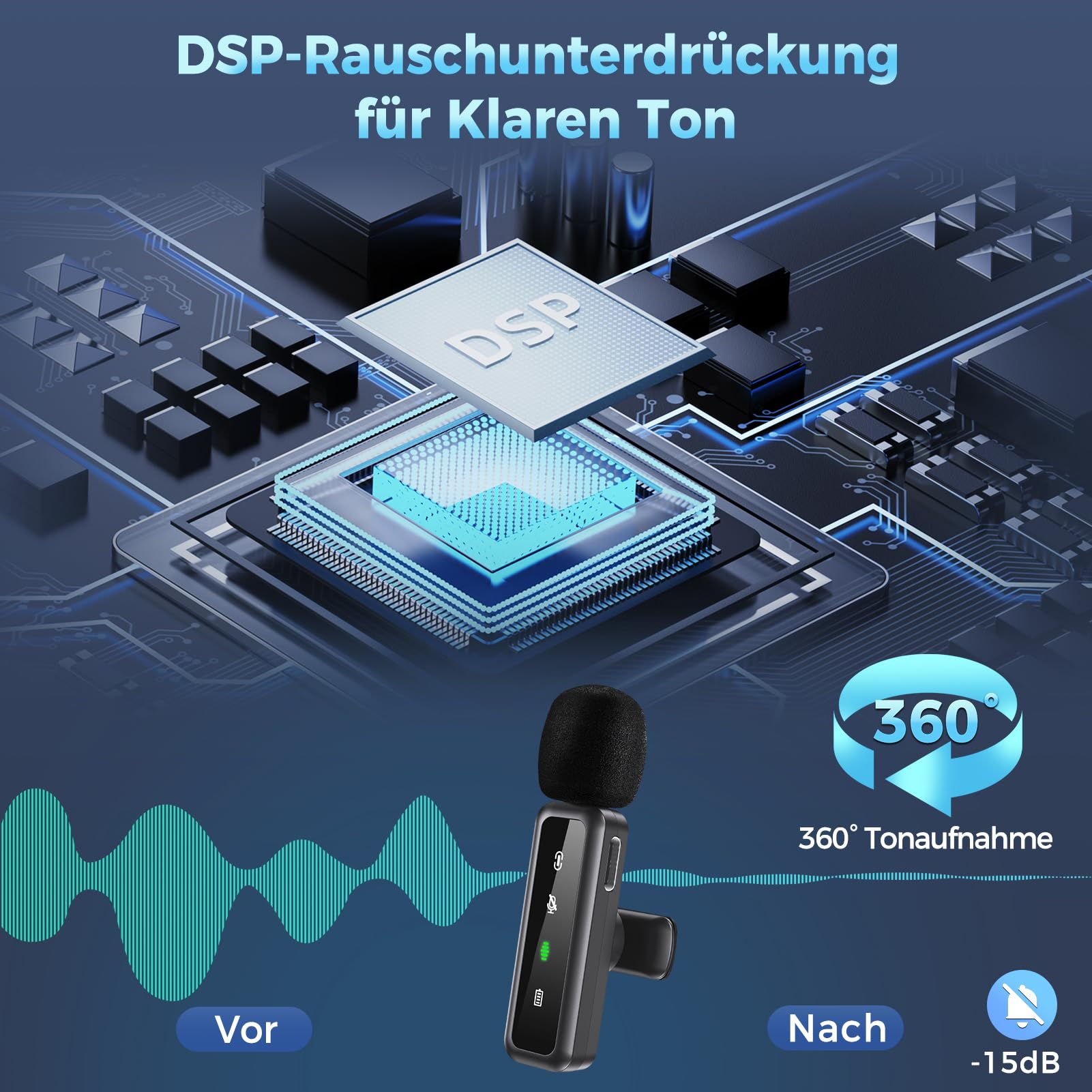 Diagramm eines Mikrofons mit Rauschunterdrückungstechnologie, mit blauem Hintergrund.