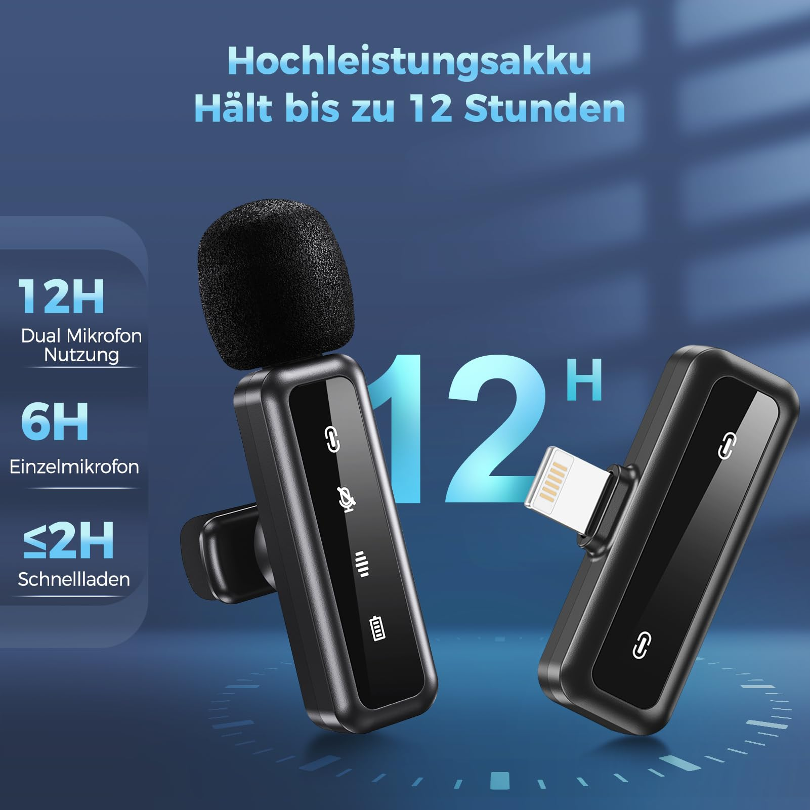 Schwarze drahtlose Mikrofone mit Schaumstoffabdeckungen und Lightning-Anschluss. Blauer Hintergrund mit Text.