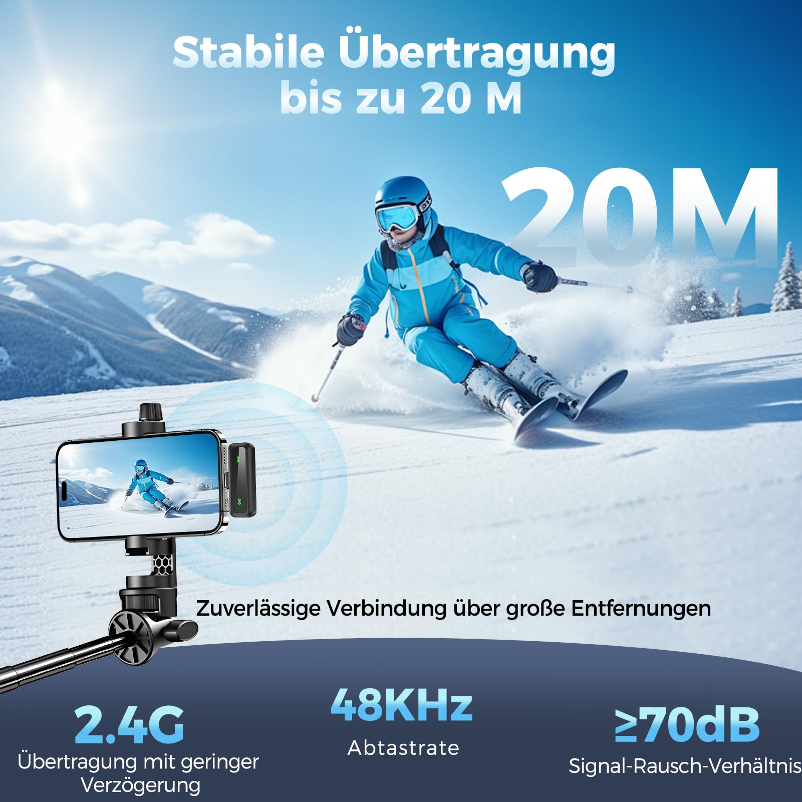Skifahrer in blauem Anzug auf Schnee, gefilmt von einem Telefon auf einem Selfie-Stick. Text: Stabile Übertragung bis zu 20 m.