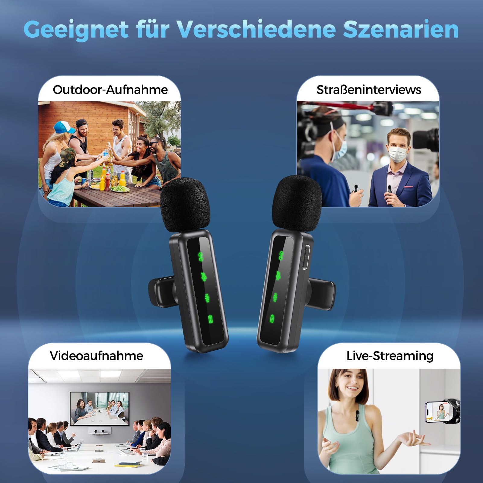 Kabellose Mikrofone in verschiedenen Szenarien: Outdoor, Straßeninterview, Video und Live-Stream.