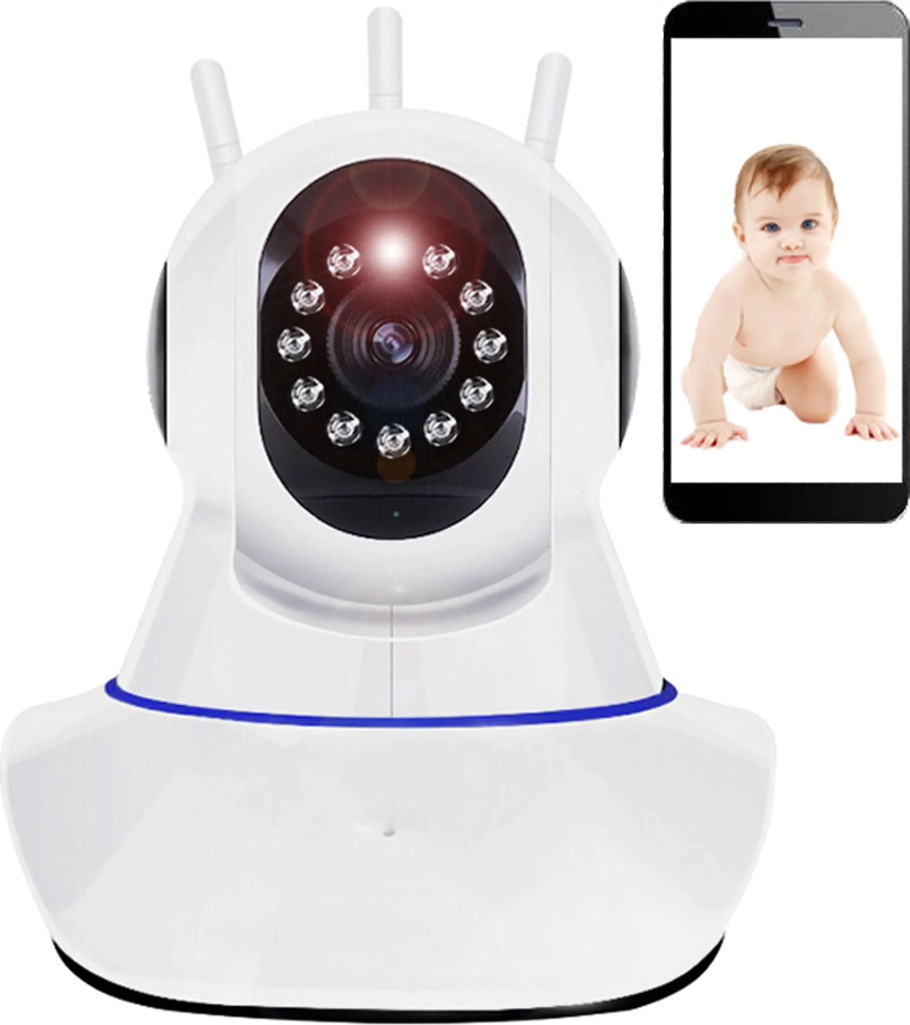 Weiße Überwachungskamera mit Baby im Hintergrund auf Smartphone-Bildschirm.