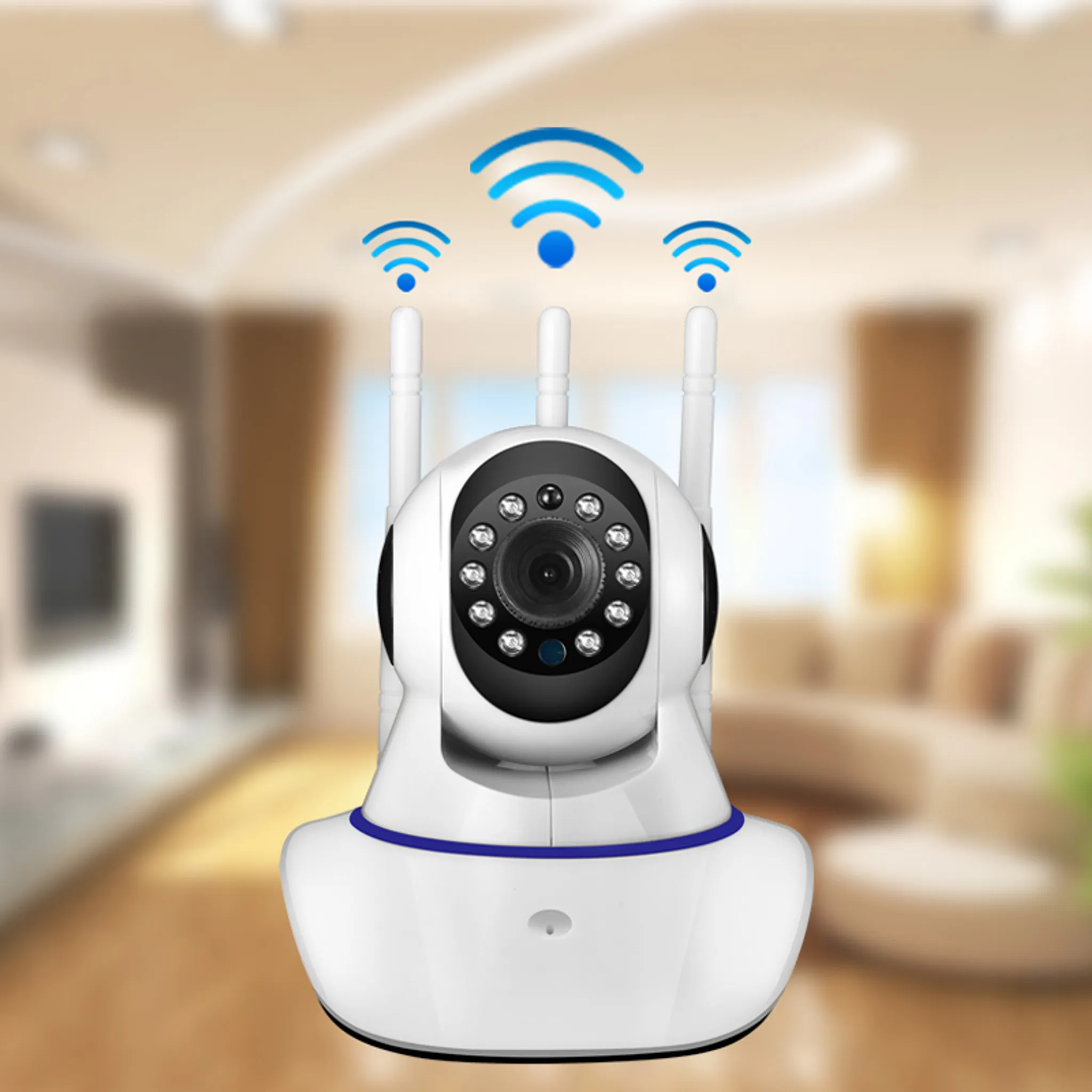 Weiße Überwachungskamera mit drei Antennen, die WLAN-Signale aussendet. Hintergrund ist ein verschwommener Raum.