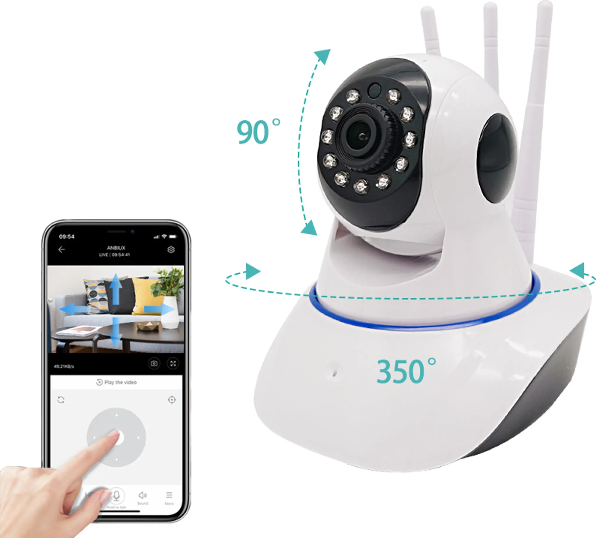 Eine Überwachungskamera auf weißer Basis. Sie ist mit einem Telefon verbunden, das eine Live-Ansicht zeigt.