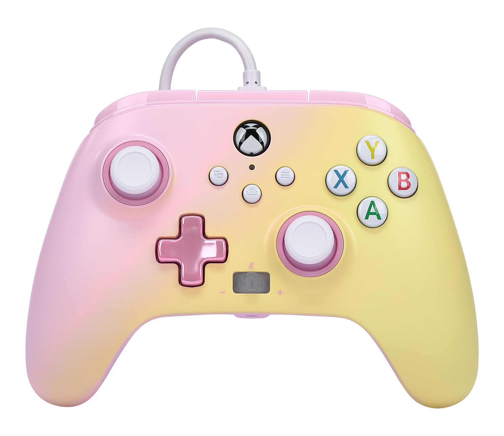 Controller Xbox rosa e giallo. Leve analogiche bianche, pulsanti e croce rosa.