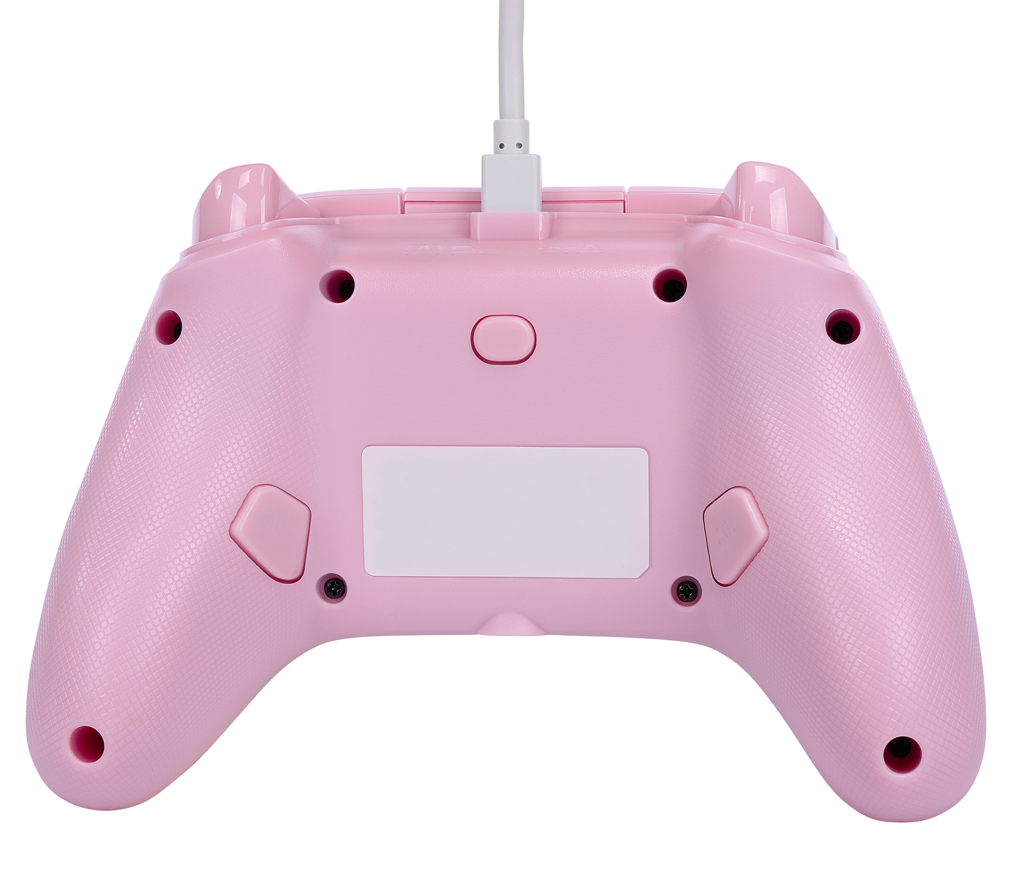 Retro del controller Xbox rosa con piccola area bianca e fori per le viti.