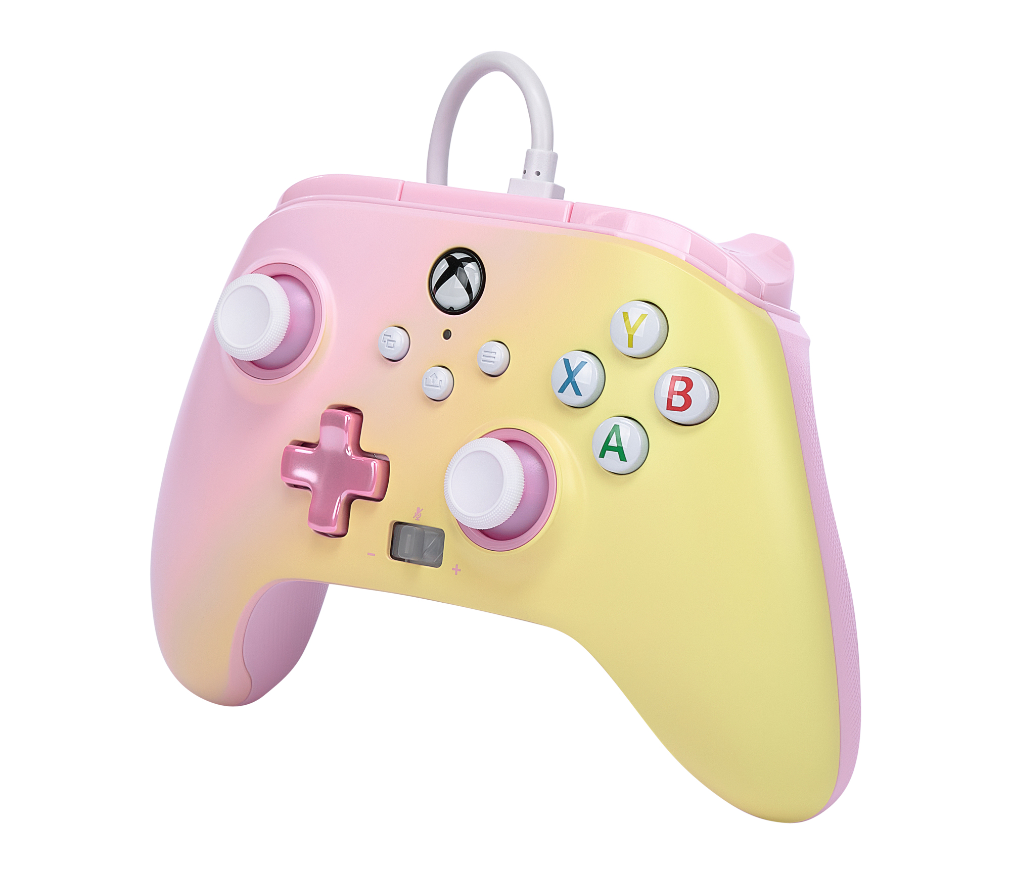 Controller Xbox rosa e giallo. Pulsanti X, Y, A, B. Cavo bianco collegato. Sfondo bianco.