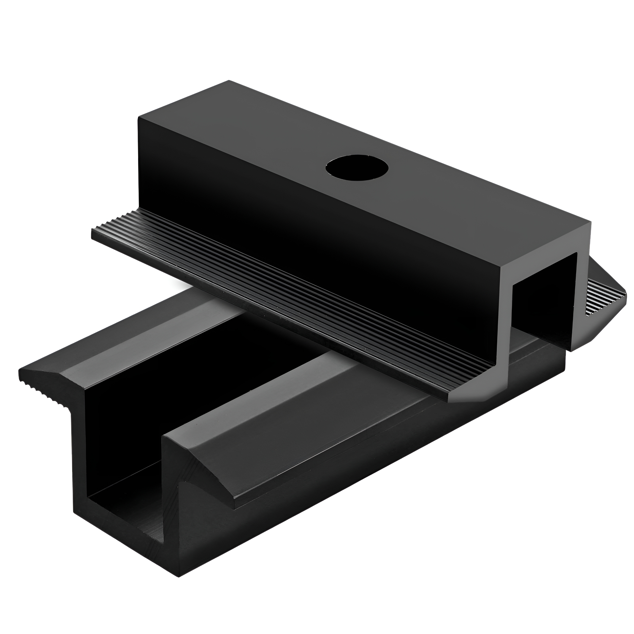 Schwarze Metall-Montagehalterung. Weißer Hintergrund.