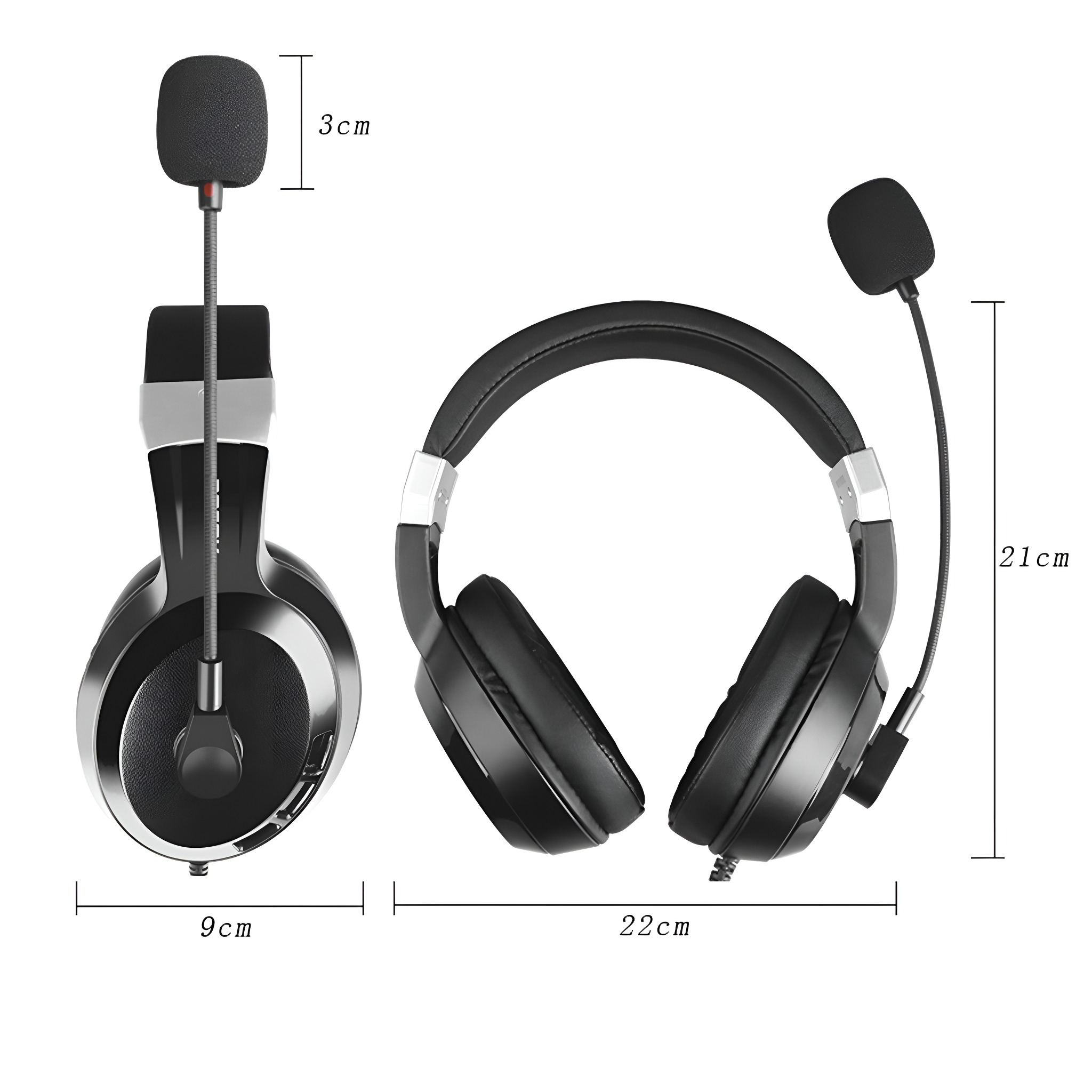 Schwarzes Headset mit Mikrofon, mit Abmessungen in Zentimetern beschriftet.